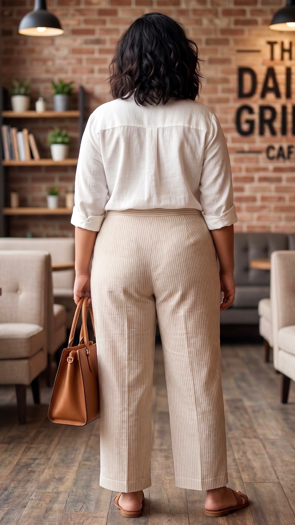 Plus Size Cotton Stripe Trousers for Women – Beige High Waist Straight Fit Pants