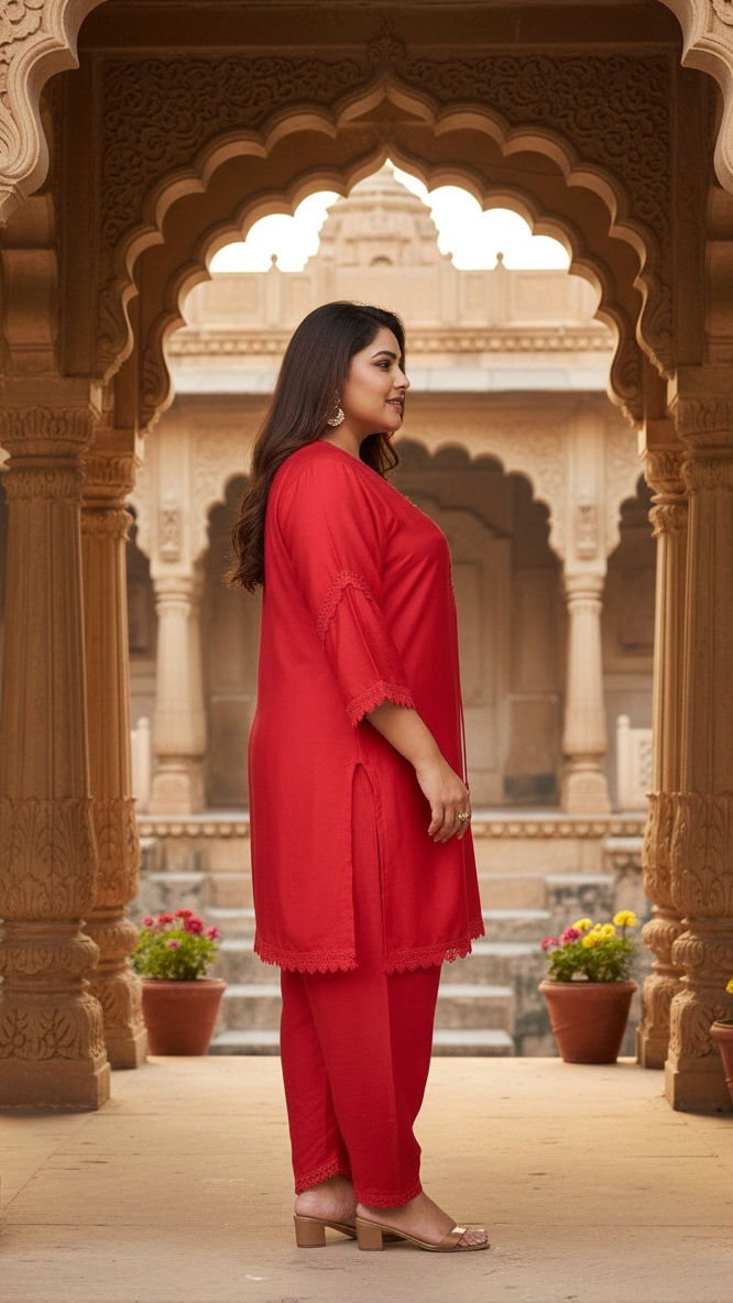 Plus Size Crimson Red Lace Detail Kurta Pant Set For Women