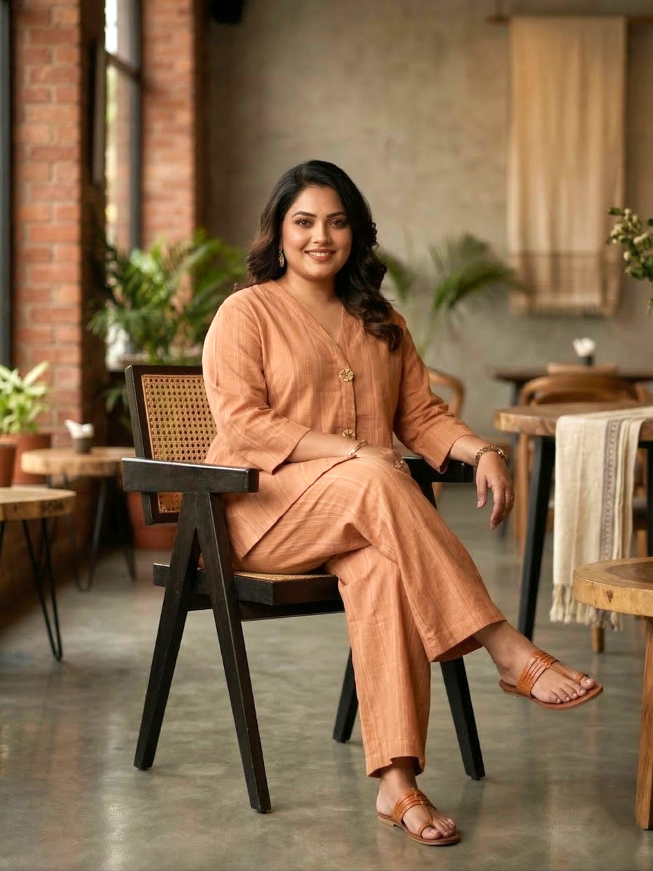 Plus Size Women Elegant Brown Cotton Stripes Co-Ord Set – Comfortable Casual Wear