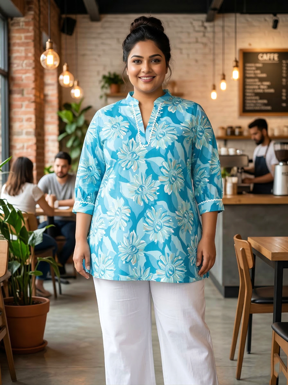 Plus Size Blue Floral Cotton Tunic Top for Women – Casual Summer Wear
