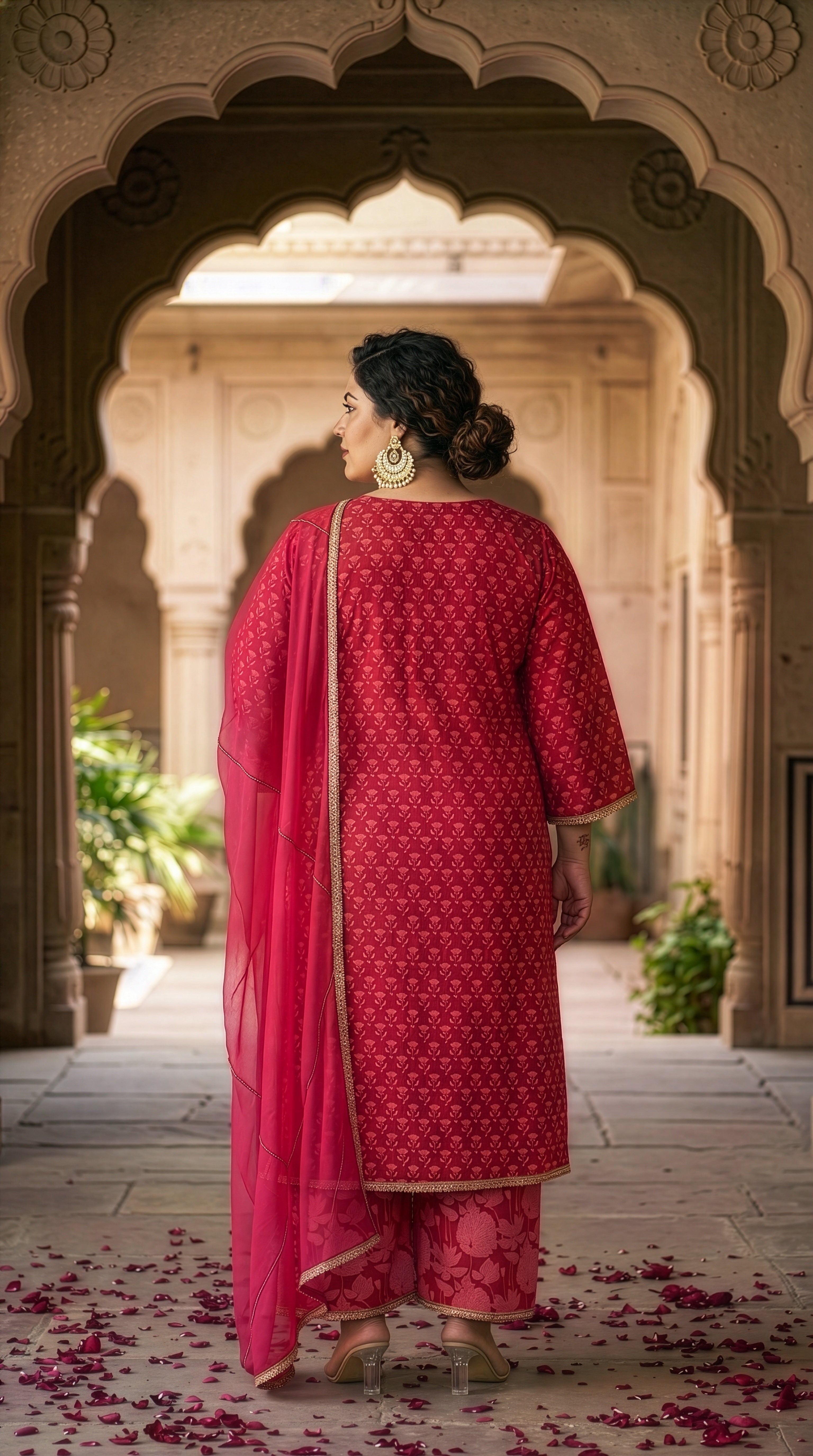 Plus Size Pink Floral Cotton Kurta Suit Set (3 pcs) – Elegant Ethnic Wear for Women