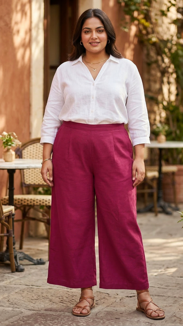 Plus Size Wine Cotton Wide Leg Pants for Women – Comfortable Casual Bottom Wear