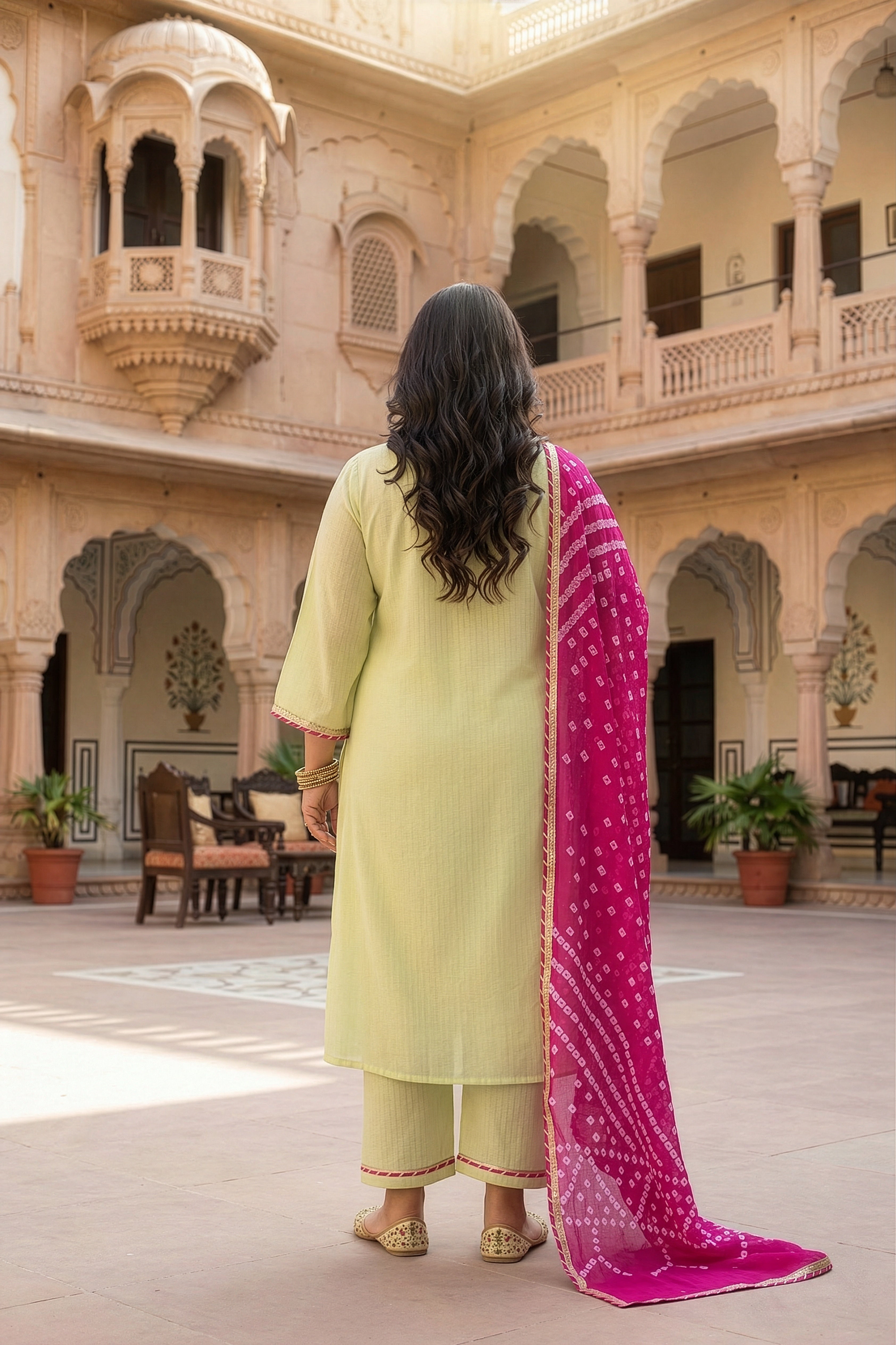 Lime Kurta Suit Set with Pink Bandhani Dupatta