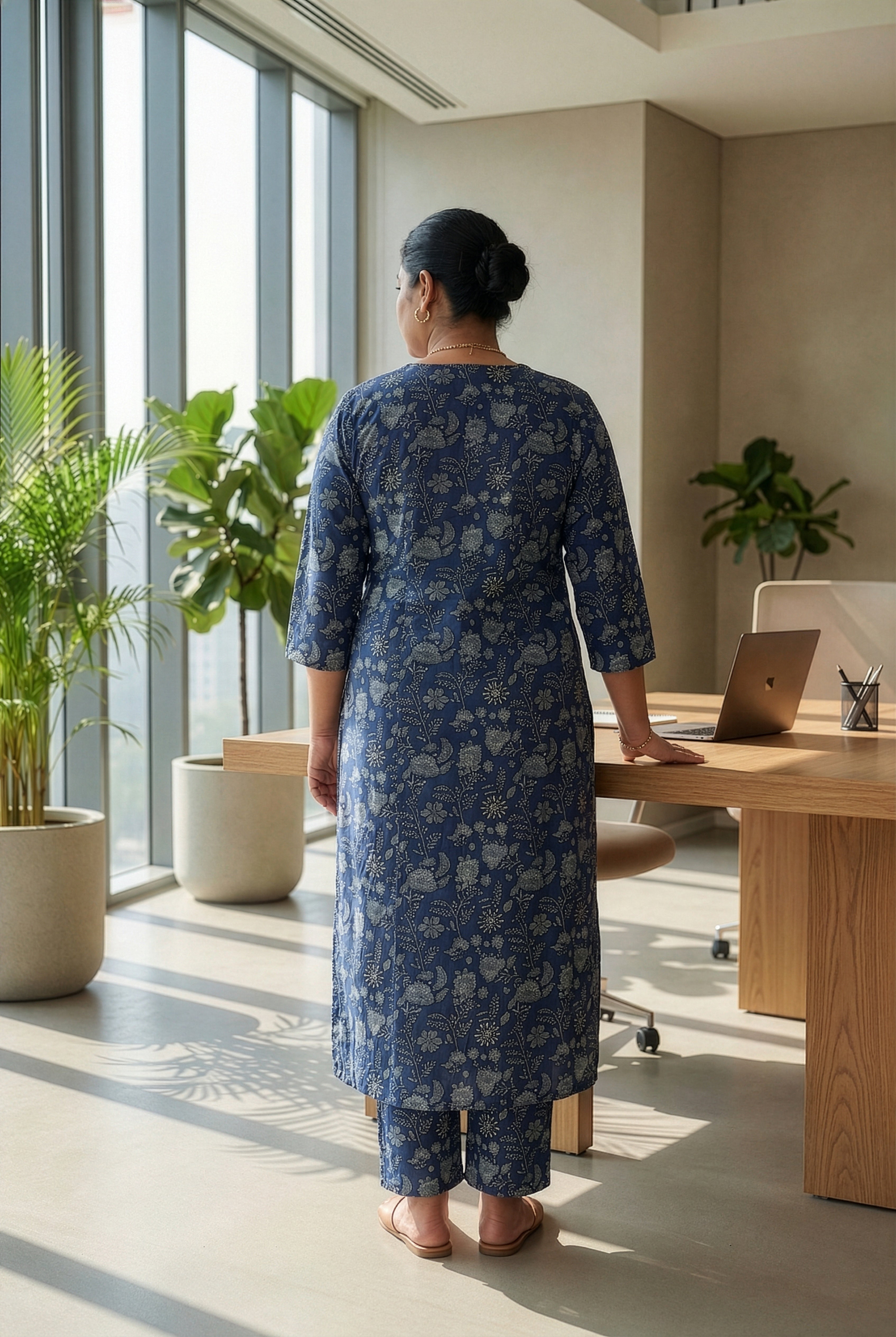 Plus Size Blue Cotton Co-Ord Set for Women – Printed Kurta & Pants Set