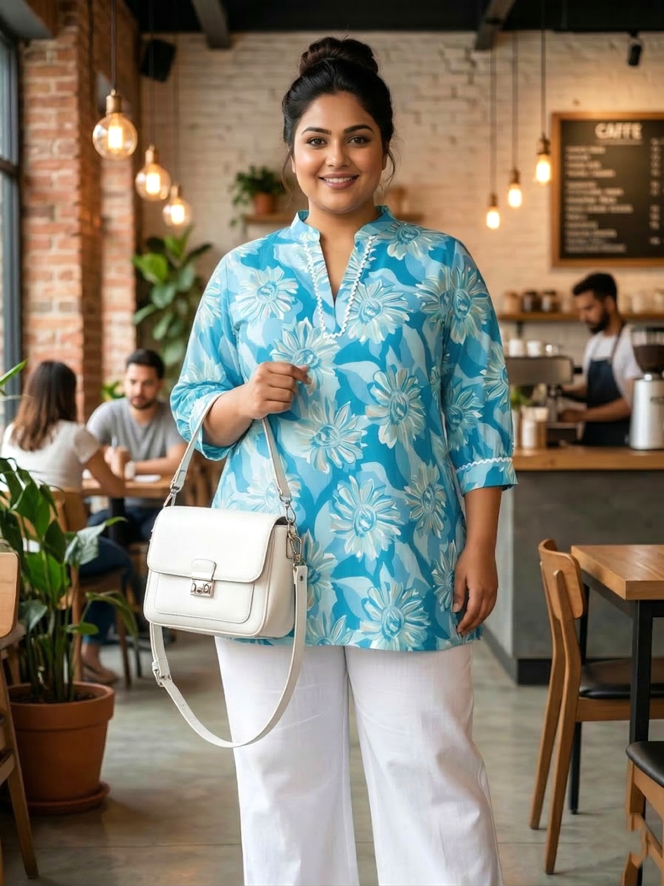 Plus Size Blue Floral Cotton Tunic Top for Women – Casual Summer Wear