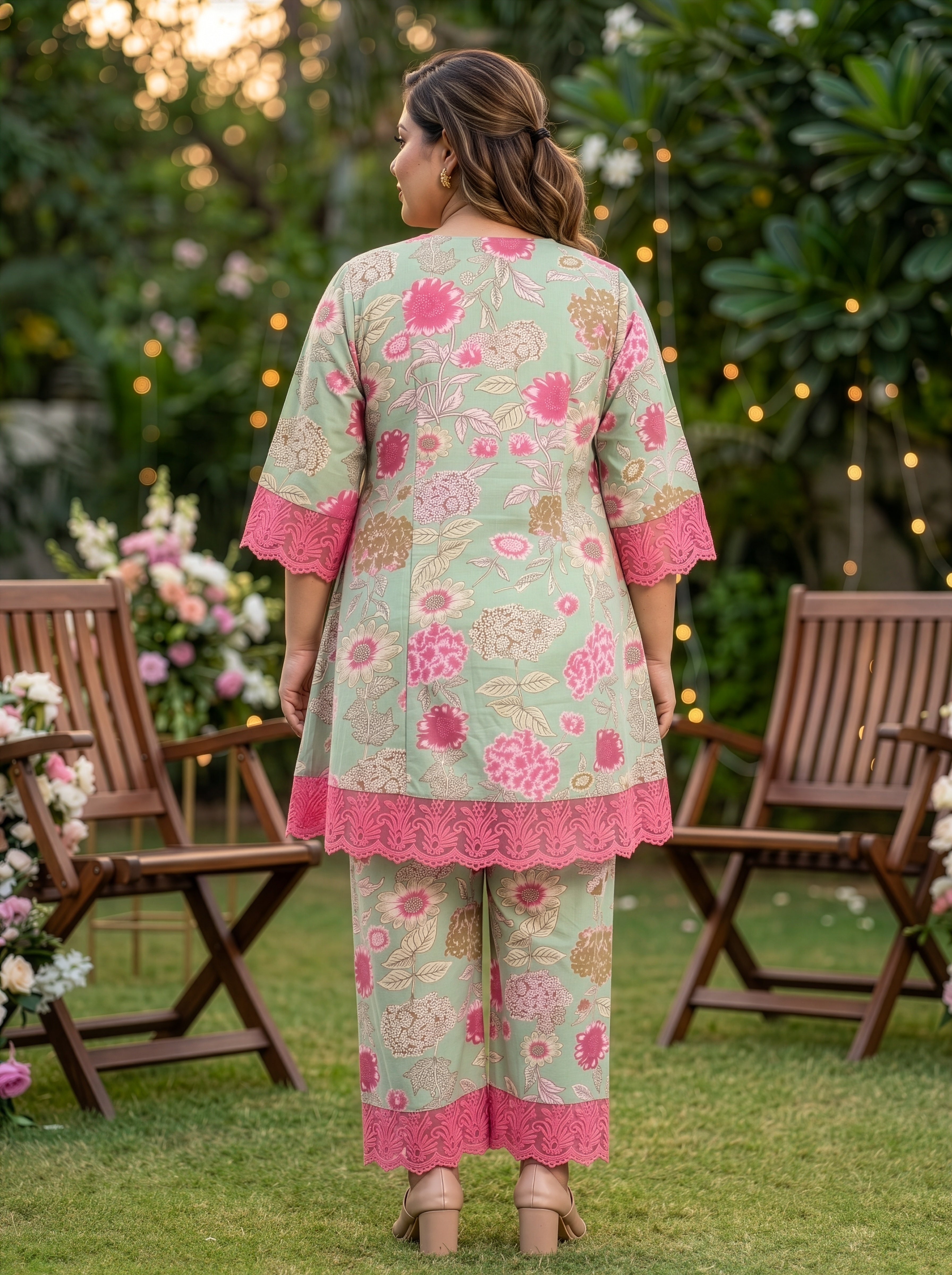 Plus Size Pink and Sage Green Floral Cotton Co-ord Set – Printed Top & Pants