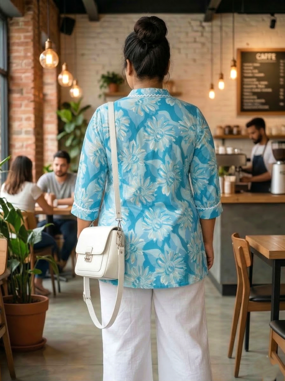 Plus Size Blue Floral Cotton Tunic Top for Women – Casual Summer Wear