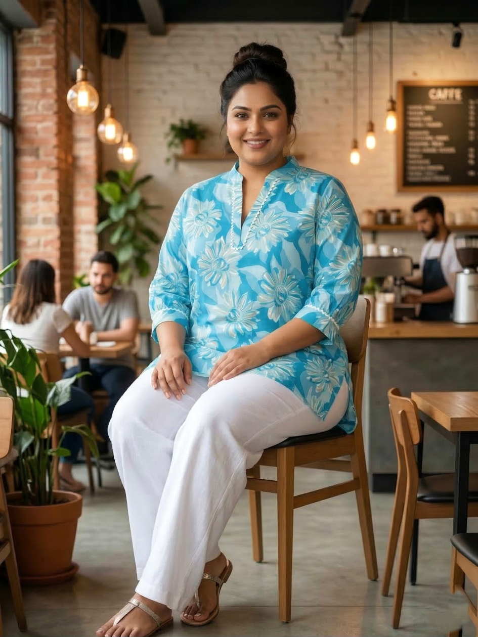 Plus Size Blue Floral Cotton Tunic Top for Women – Casual Summer Wear