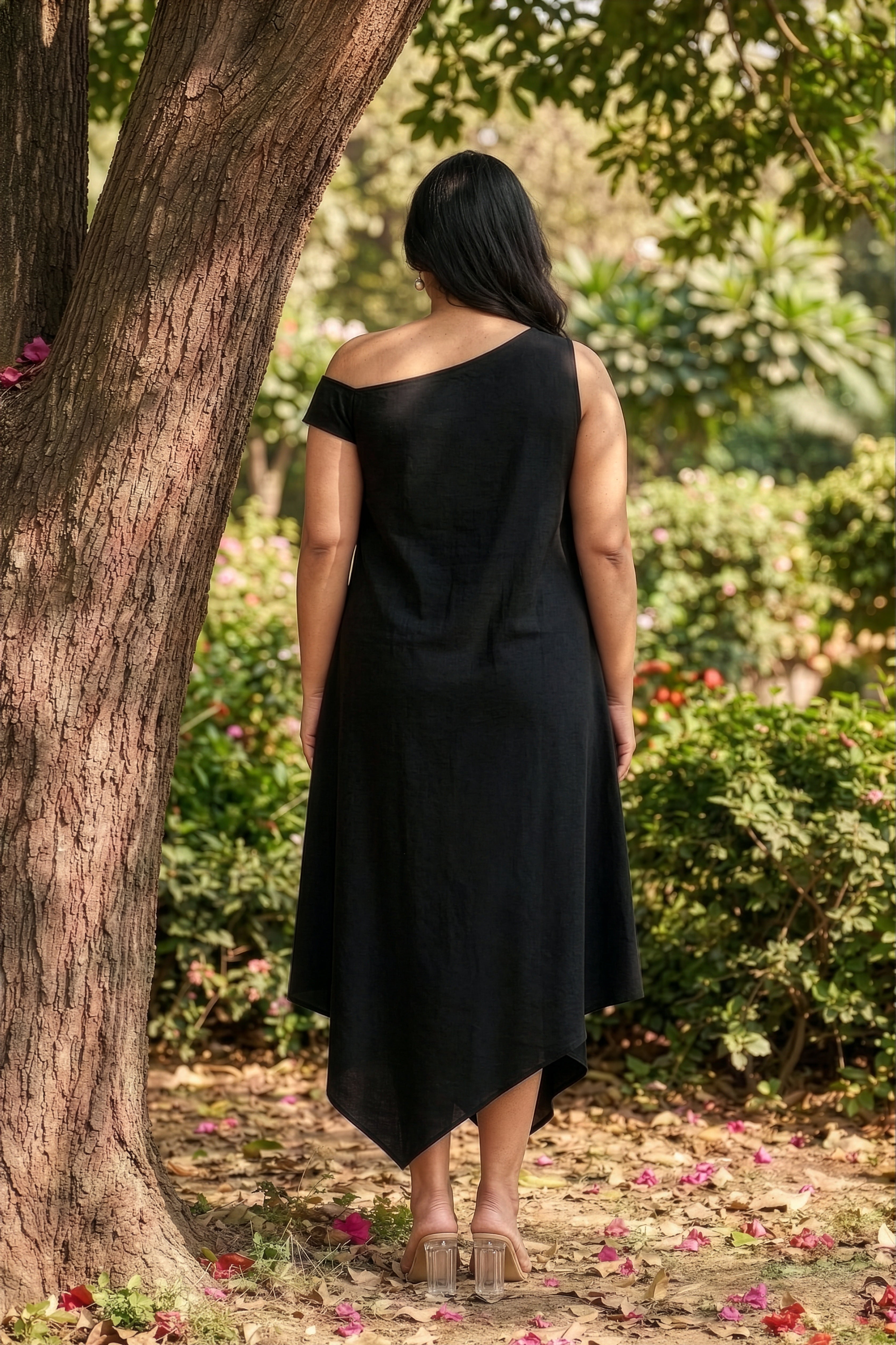Plus Size Black Midi Dress – One Shoulder Solid Rayon Dress for Women