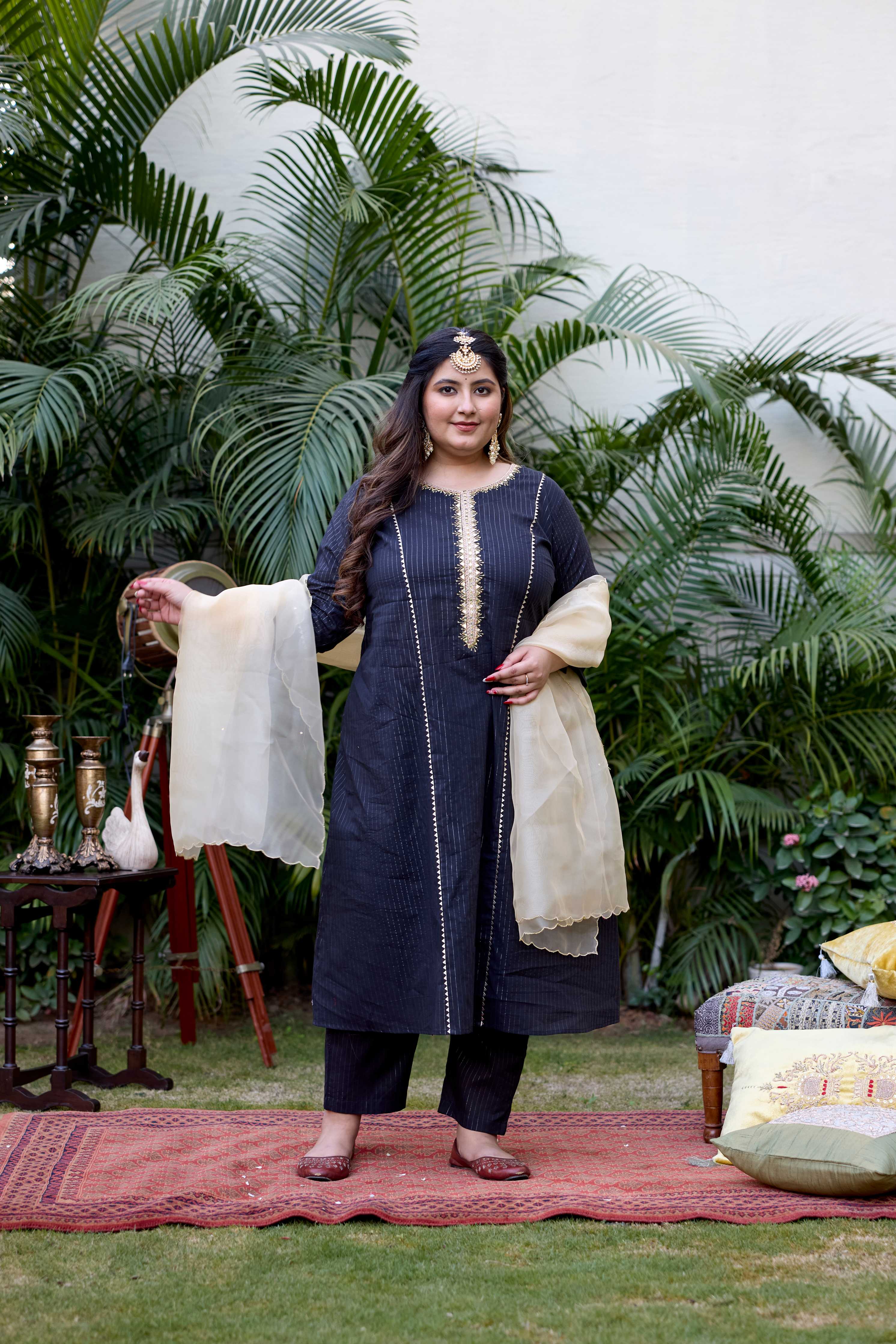 Black Golden Cotton Lurex Kurta Set - (Set of 3)