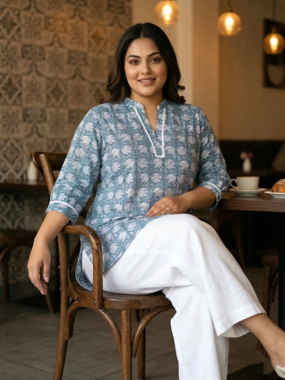 Plus Size Blue Printed Cotton Tunic Top for Women – Casual Ethnic Wear
