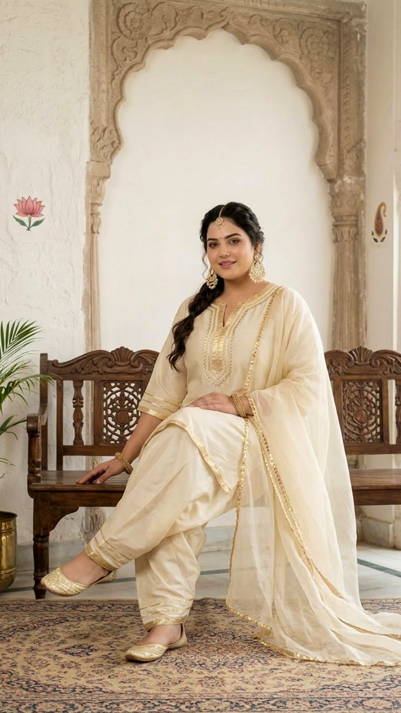 Elegant Beige Silk Lace Work Kurta Set with Dupatta – 3 Piece Festive Wear