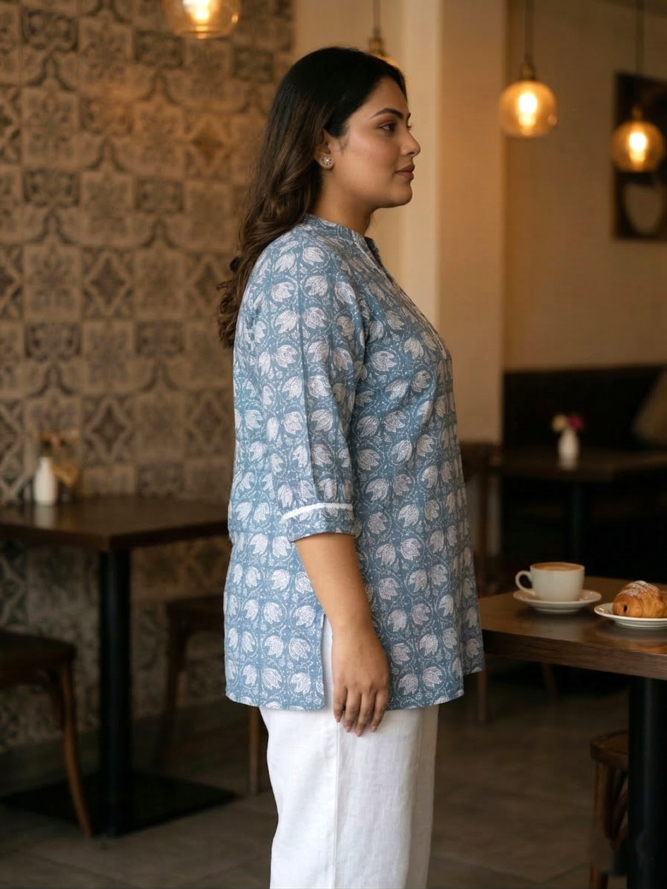 Plus Size Blue Printed Cotton Tunic Top for Women – Casual Ethnic Wear