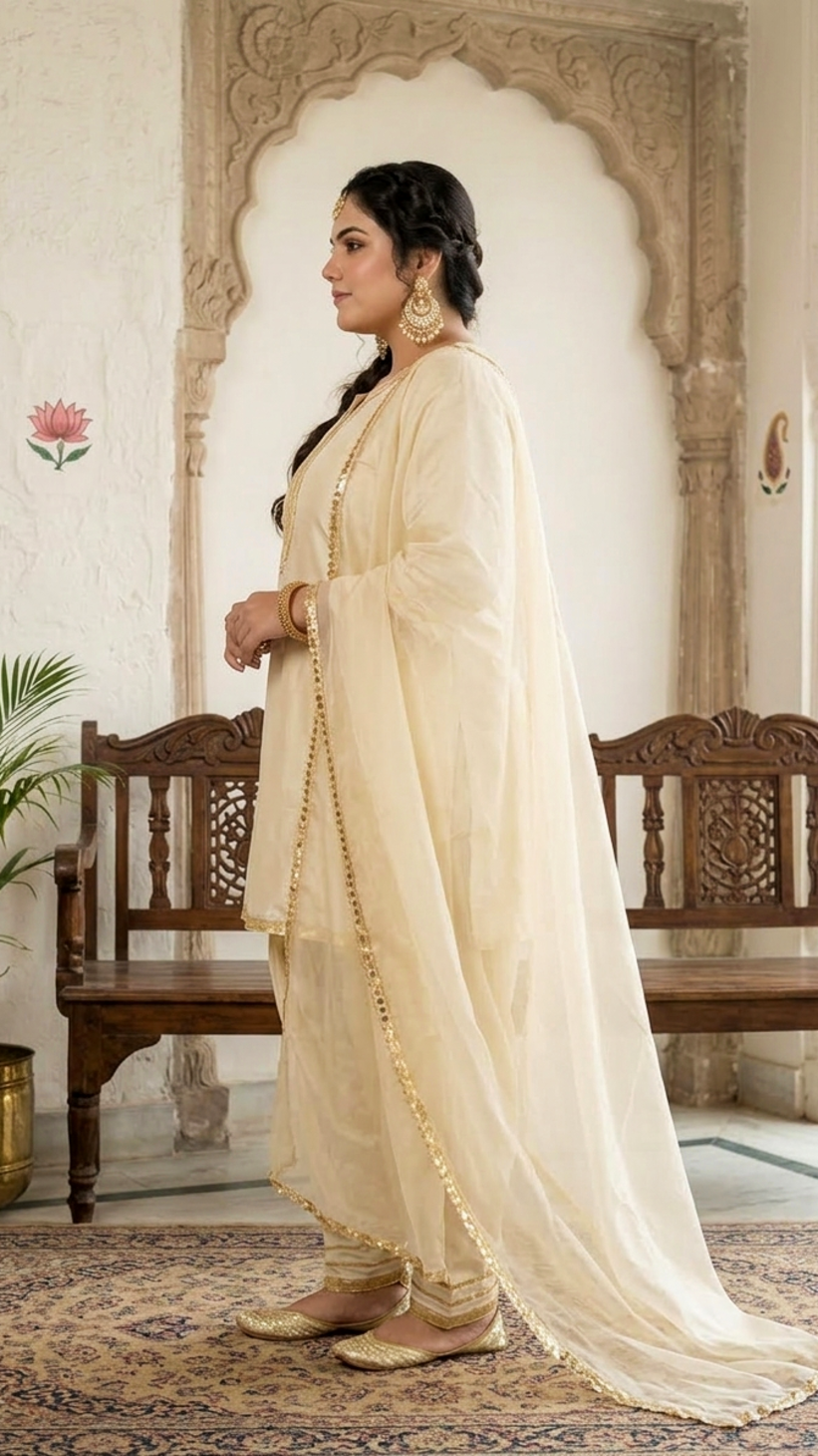 Elegant Beige Silk Lace Work Kurta Set with Dupatta – 3 Piece Festive Wear