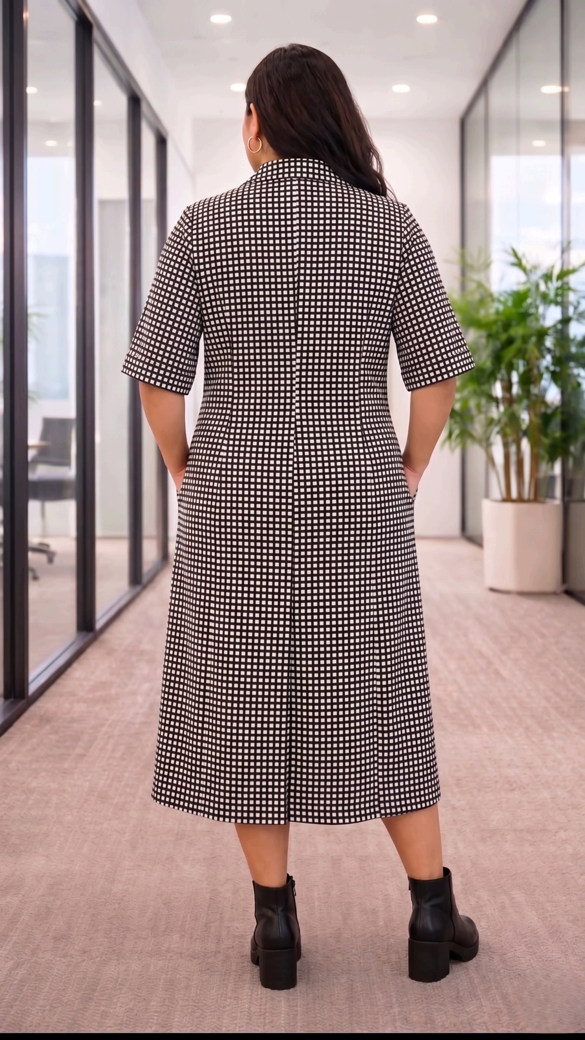 Black & White Gingham Midi Shirt Dress