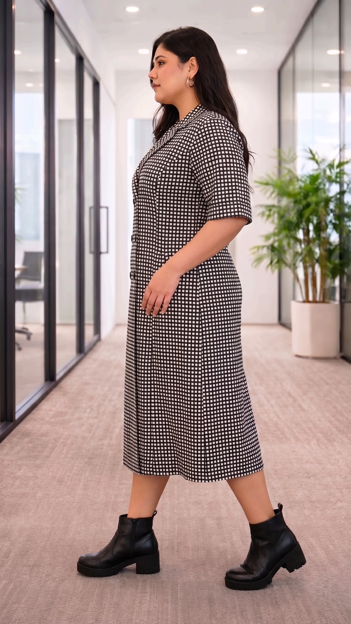 Black & White Gingham Midi Shirt Dress