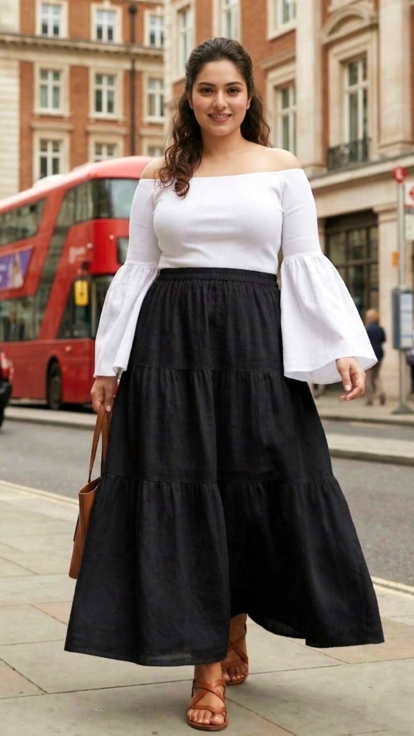 Plus Size Black Cotton Tiered Maxi Skirt for Women – Elegant Flowy Casual Skirt