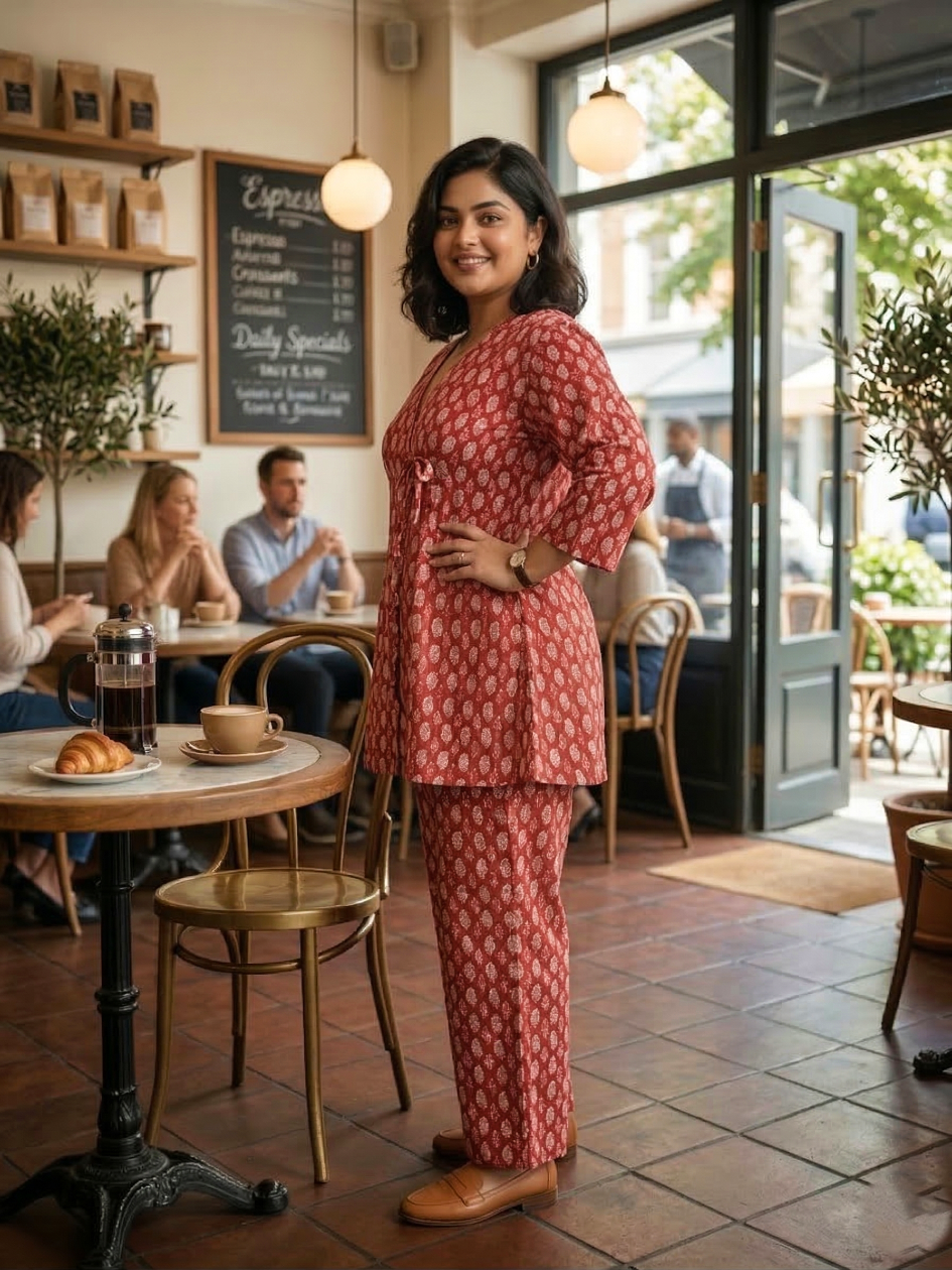 Plus Size Red Boho Printed Cotton Co-ord Set for Women – Stylish Casual Cord Set