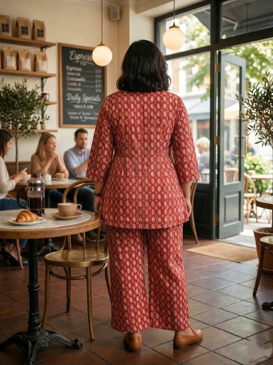 Plus Size Red Boho Printed Cotton Co-ord Set for Women – Stylish Casual Cord Set