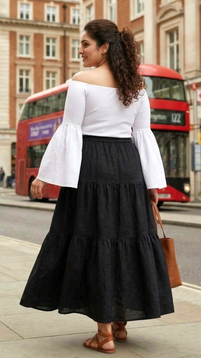 Plus Size Black Cotton Tiered Maxi Skirt for Women – Elegant Flowy Casual Skirt