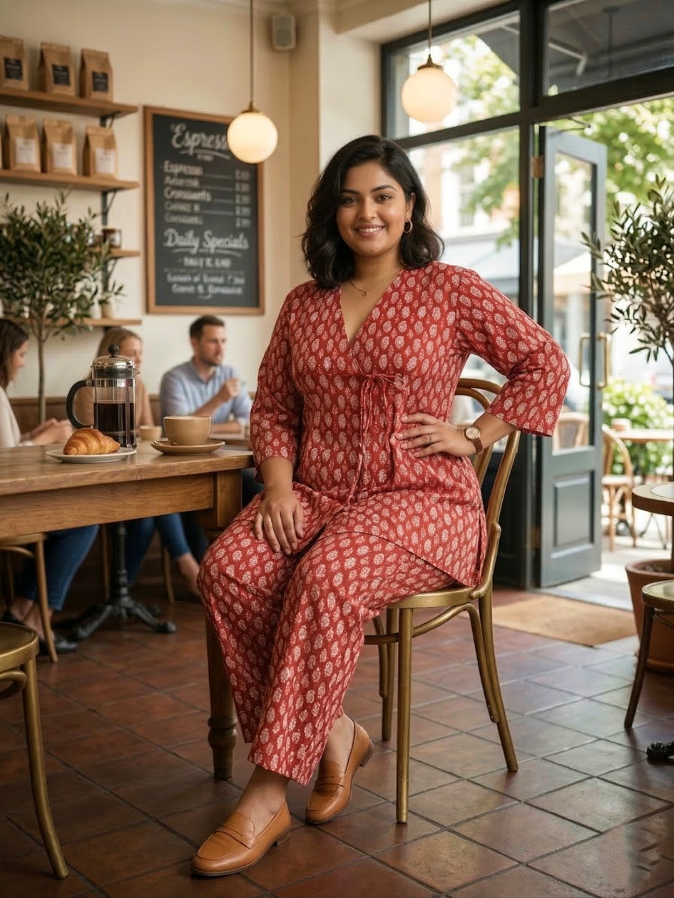 Plus Size Red Boho Printed Cotton Co-ord Set for Women – Stylish Casual Cord Set