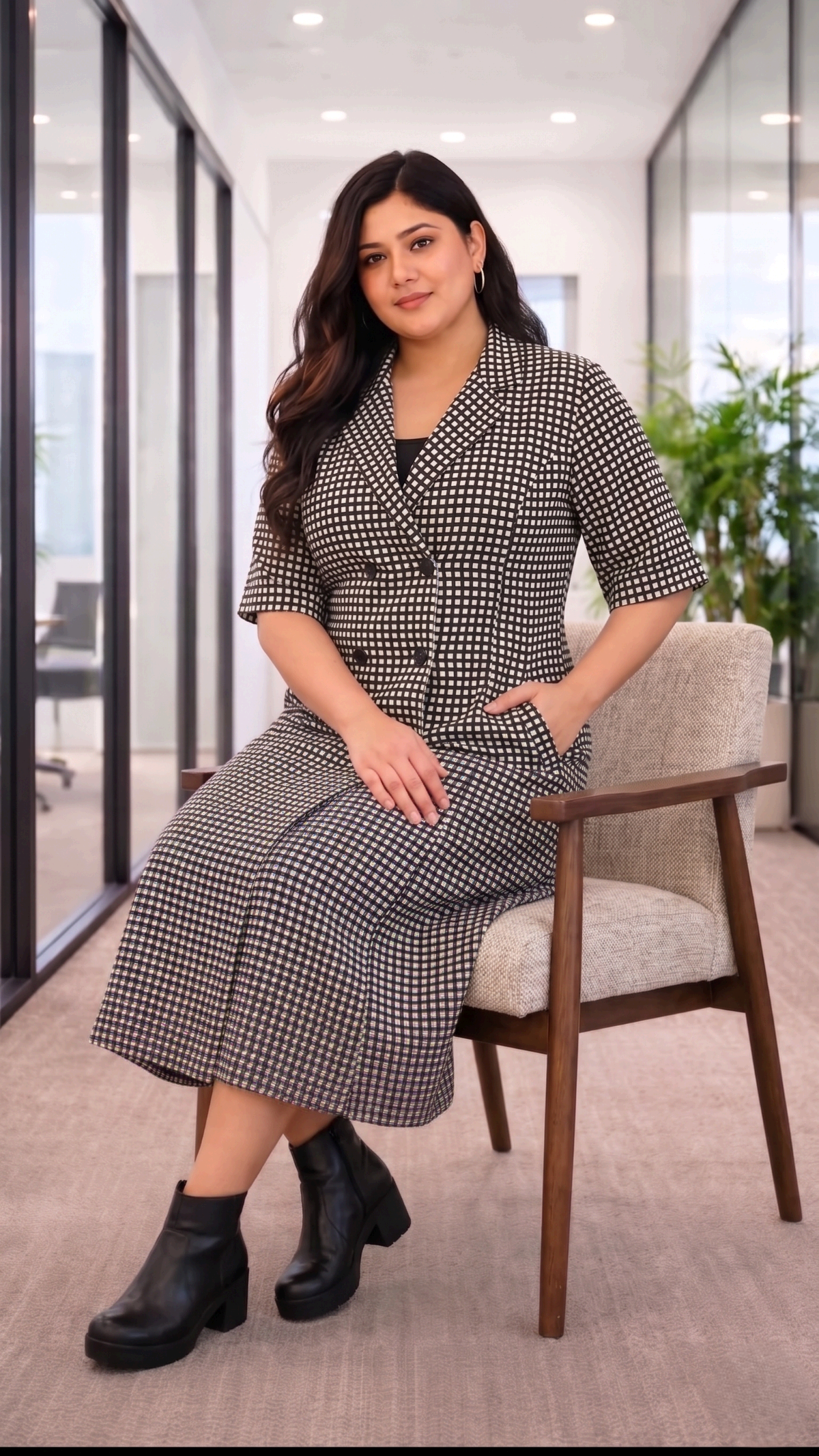 Black & White Gingham Midi Shirt Dress