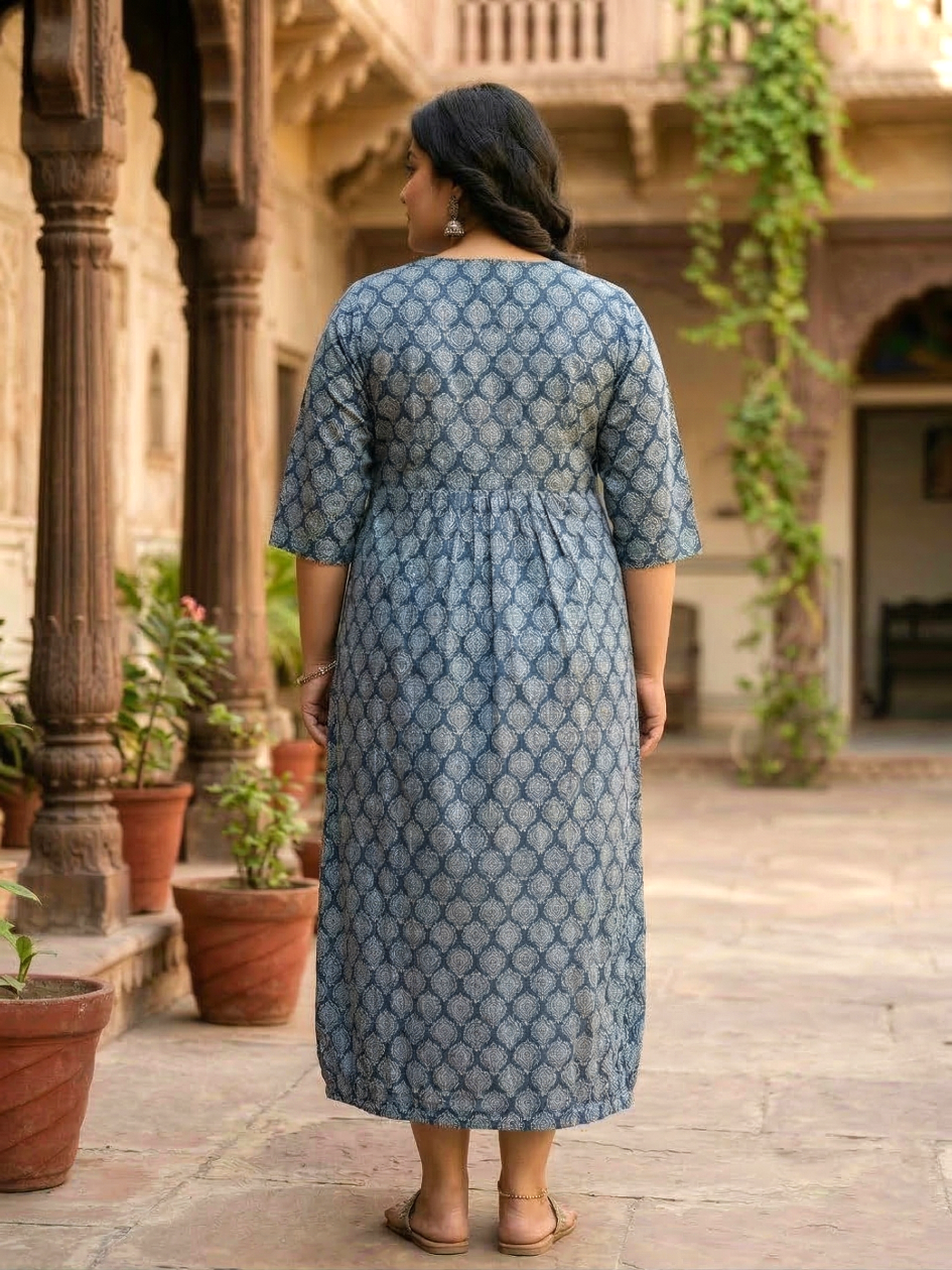 Plus Size Blue Printed Cotton Dress for Women – Elegant Casual Ethnic Dress