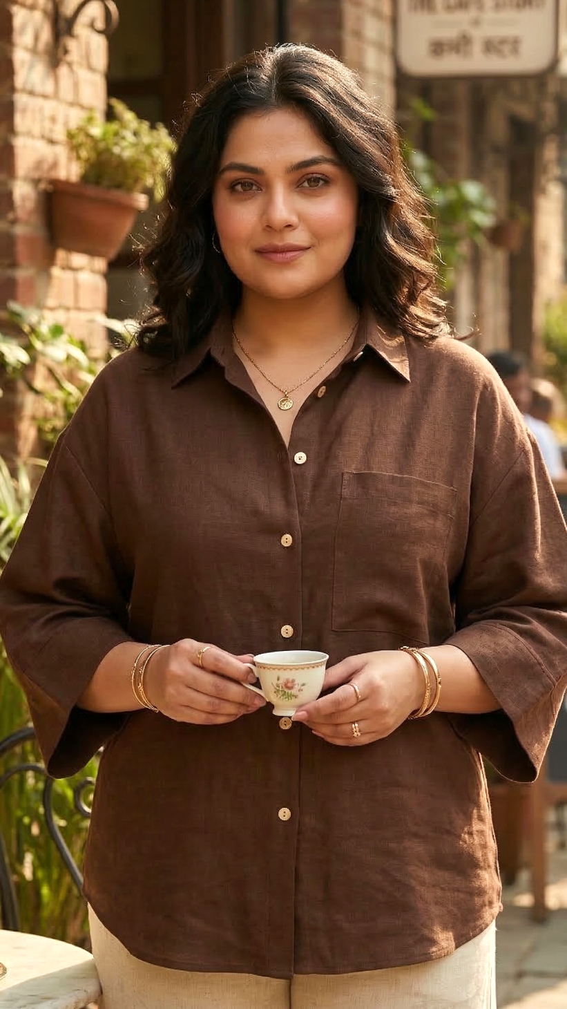 Plus Size Brown Cotton Shirt for Women – Relaxed Fit Casual & Office Wear Top