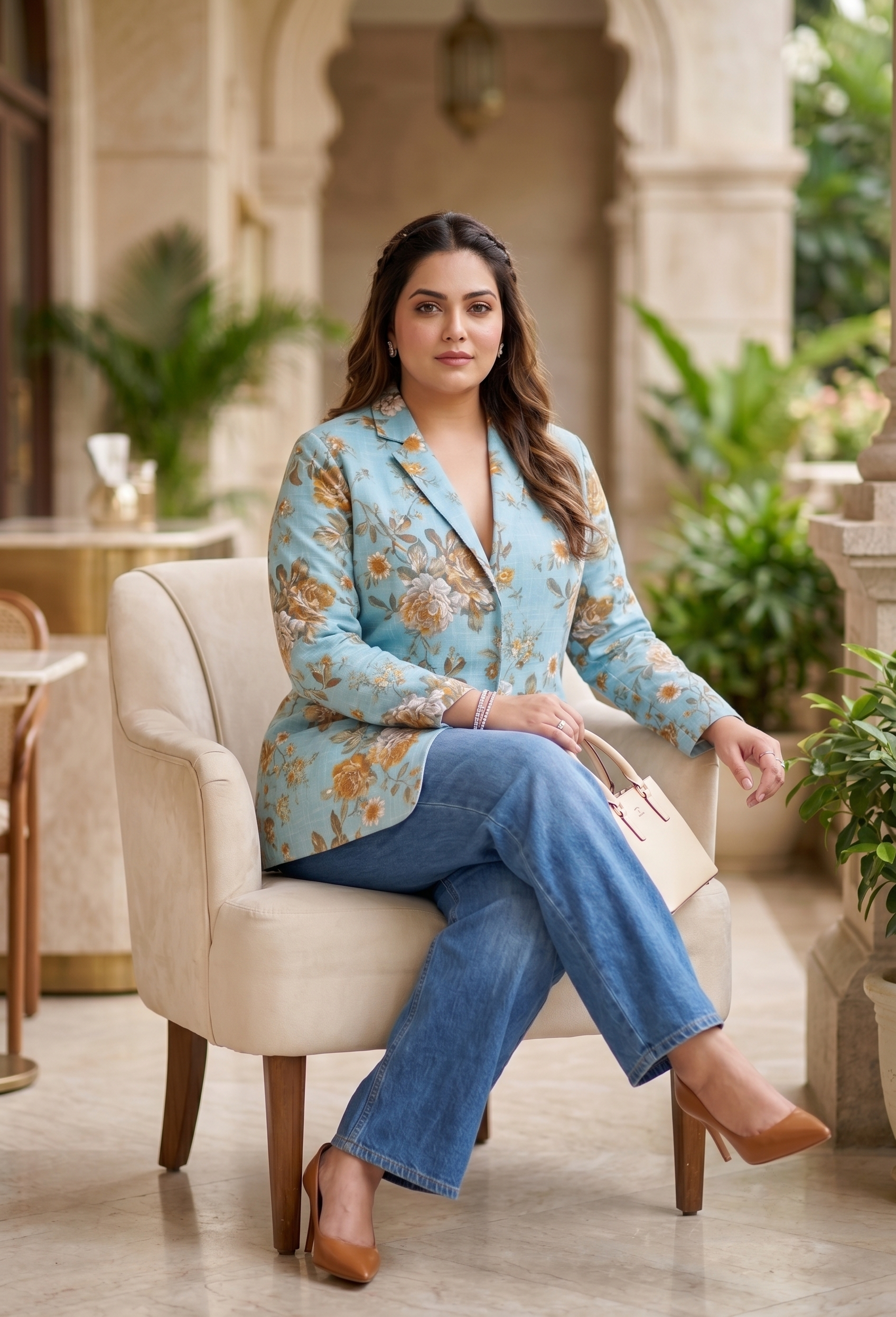 Plus Size Sky Blue Floral Printed Blazer for Women
