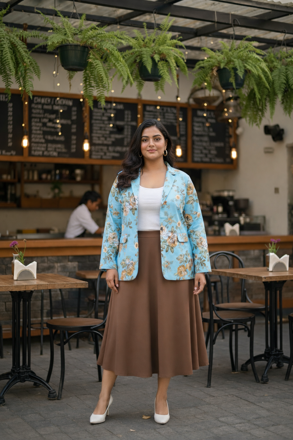 Plus Size Sky Blue Floral Printed Blazer for Women