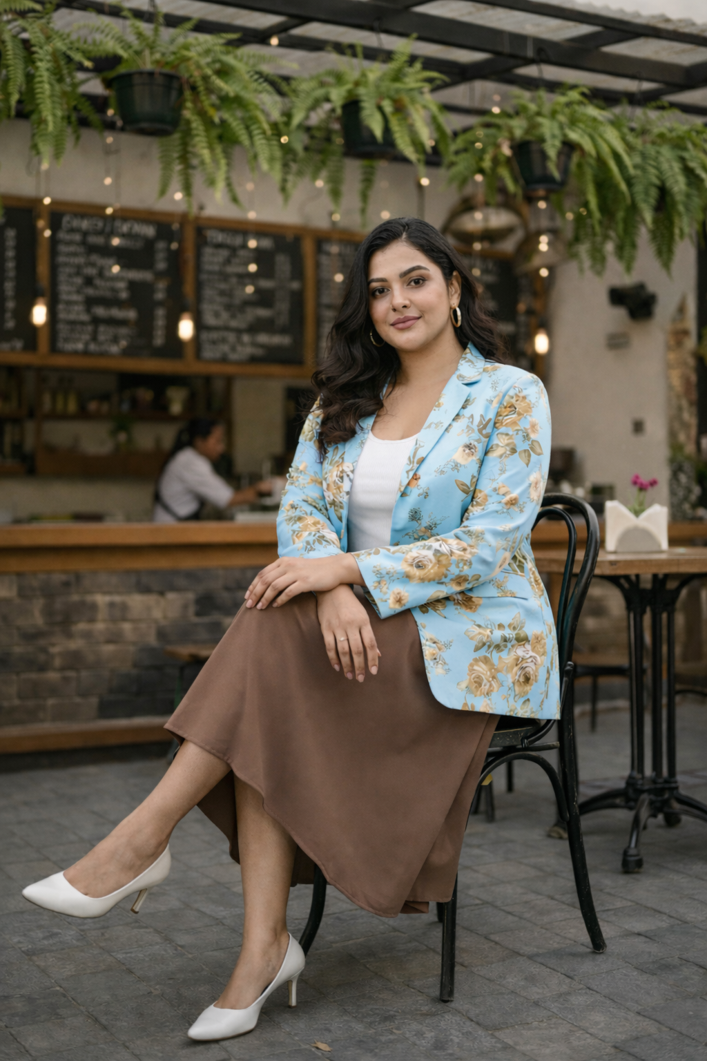 Plus Size Sky Blue Floral Printed Blazer for Women