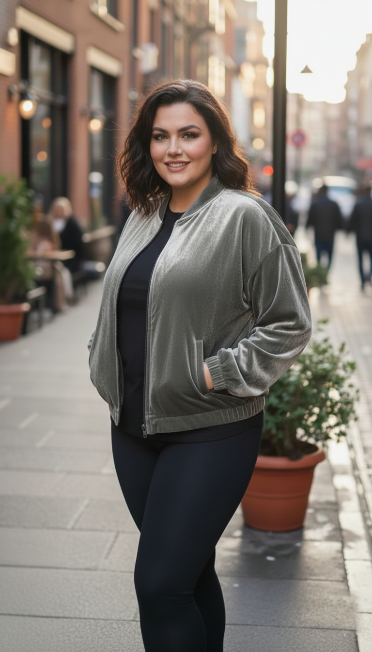 Plus Size Shimmer Velvet Bomber Jacket for Women