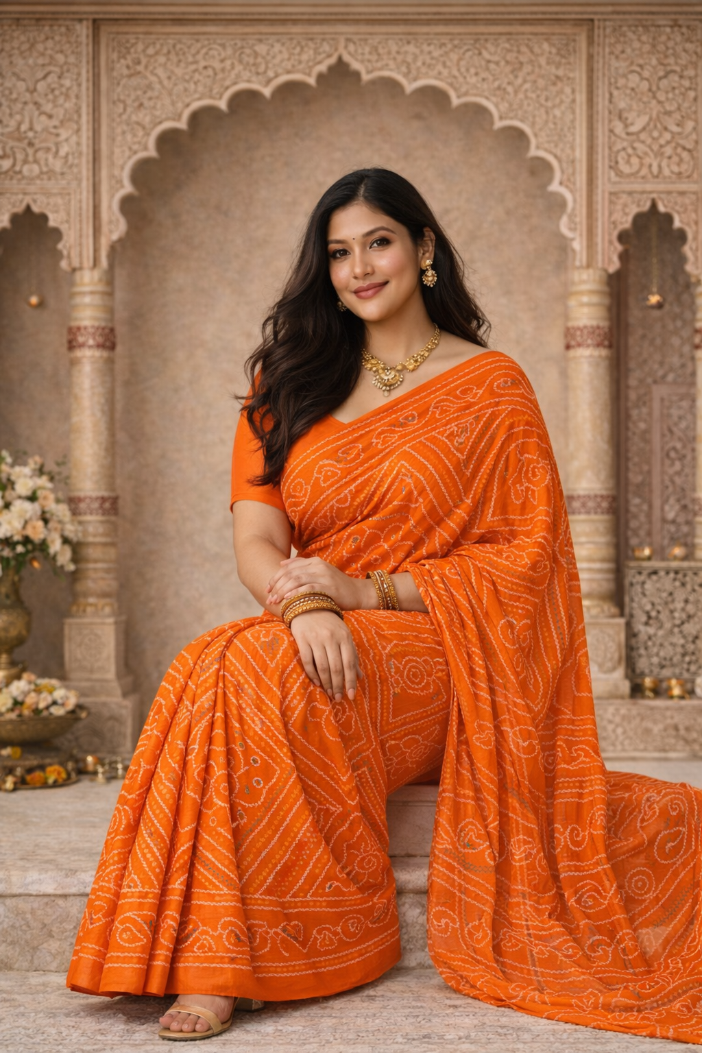 Vibrant Orange Bandhani Saree