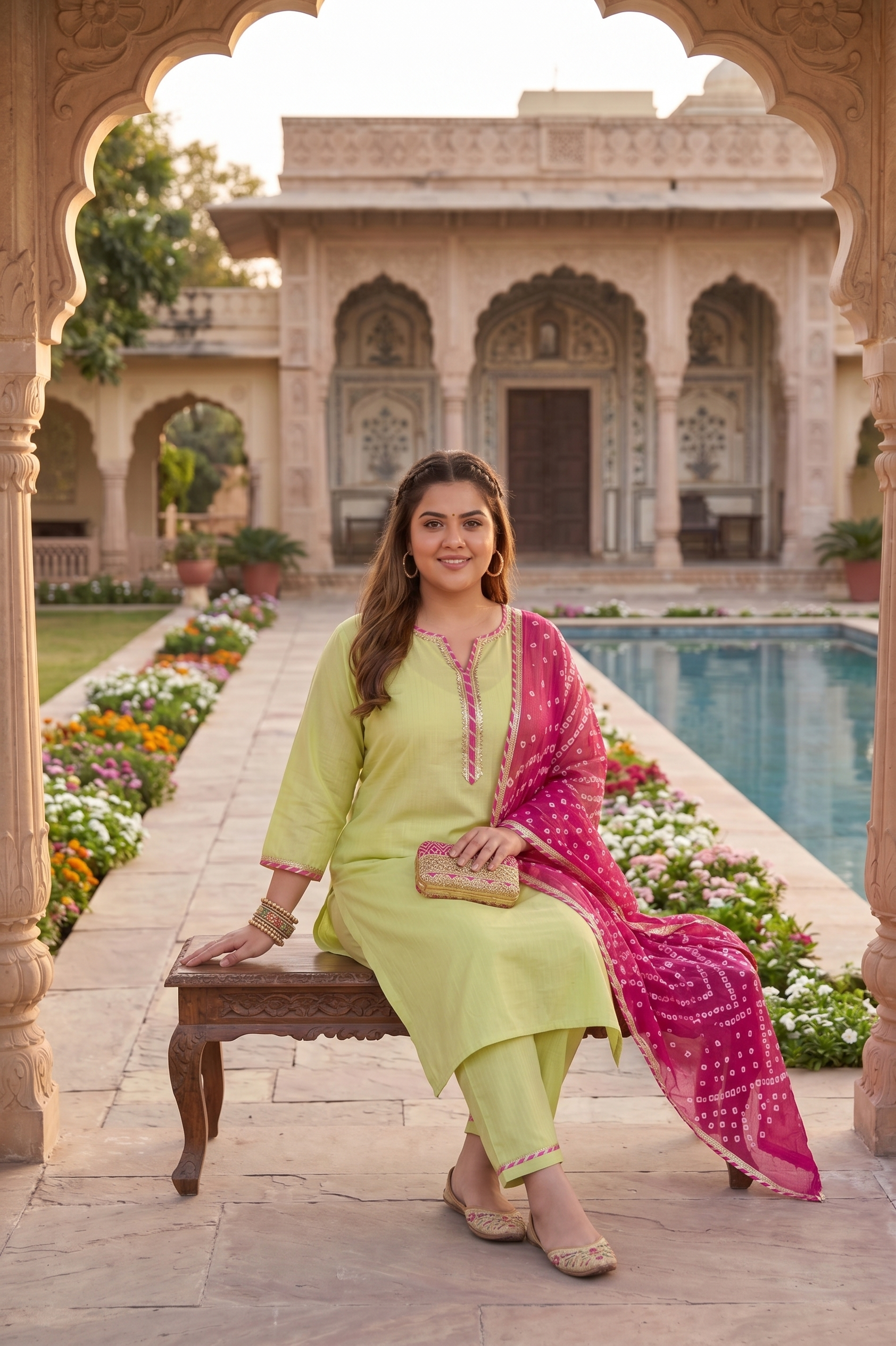 Plus Size Lime Green Kurta Suit Set with Bandhani Dupatta – Cotton Lurex Kurta Set