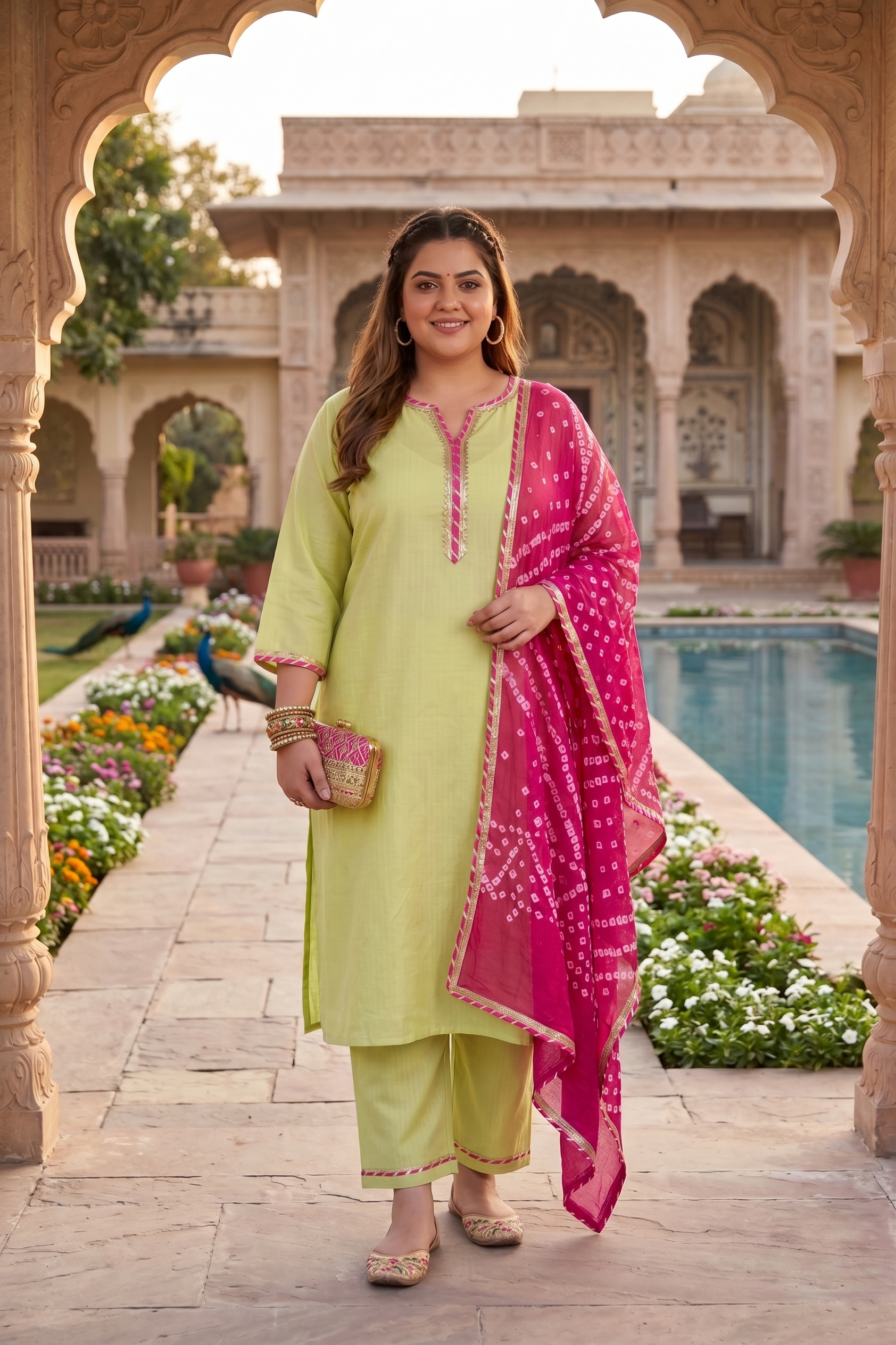 Plus Size Lime Green Kurta Suit Set with Bandhani Dupatta – Cotton Lurex Kurta Set
