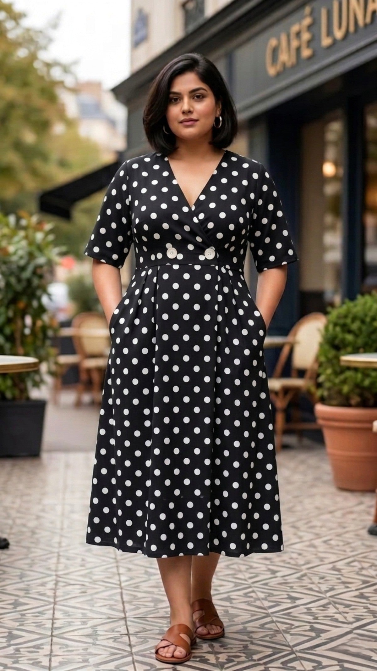 Plus Size Black Polka Dot Rayon Dress – Elegant Wrap Style Midi Dress for Women