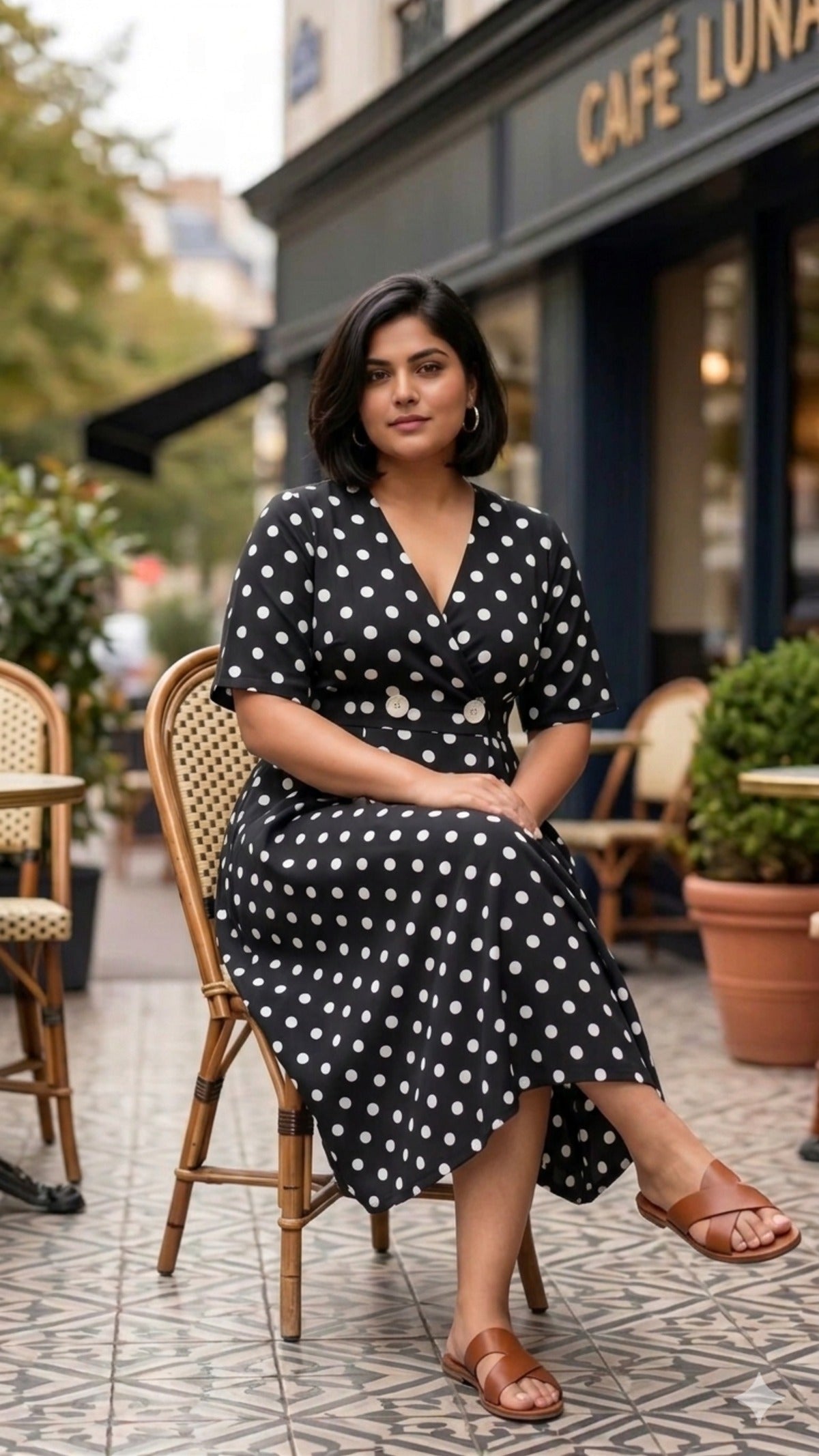 Plus Size Black Polka Dot Rayon Dress – Elegant Wrap Style Midi Dress for Women