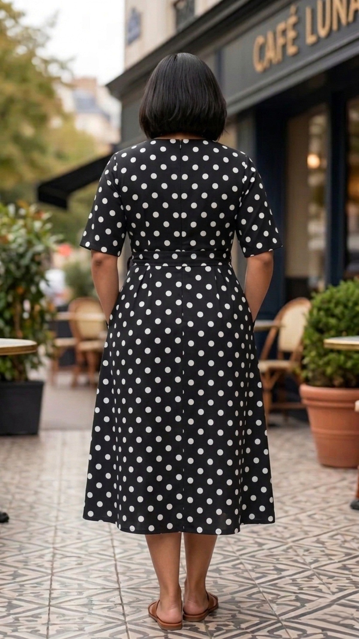 Plus Size Black Polka Dot Rayon Dress – Elegant Wrap Style Midi Dress for Women
