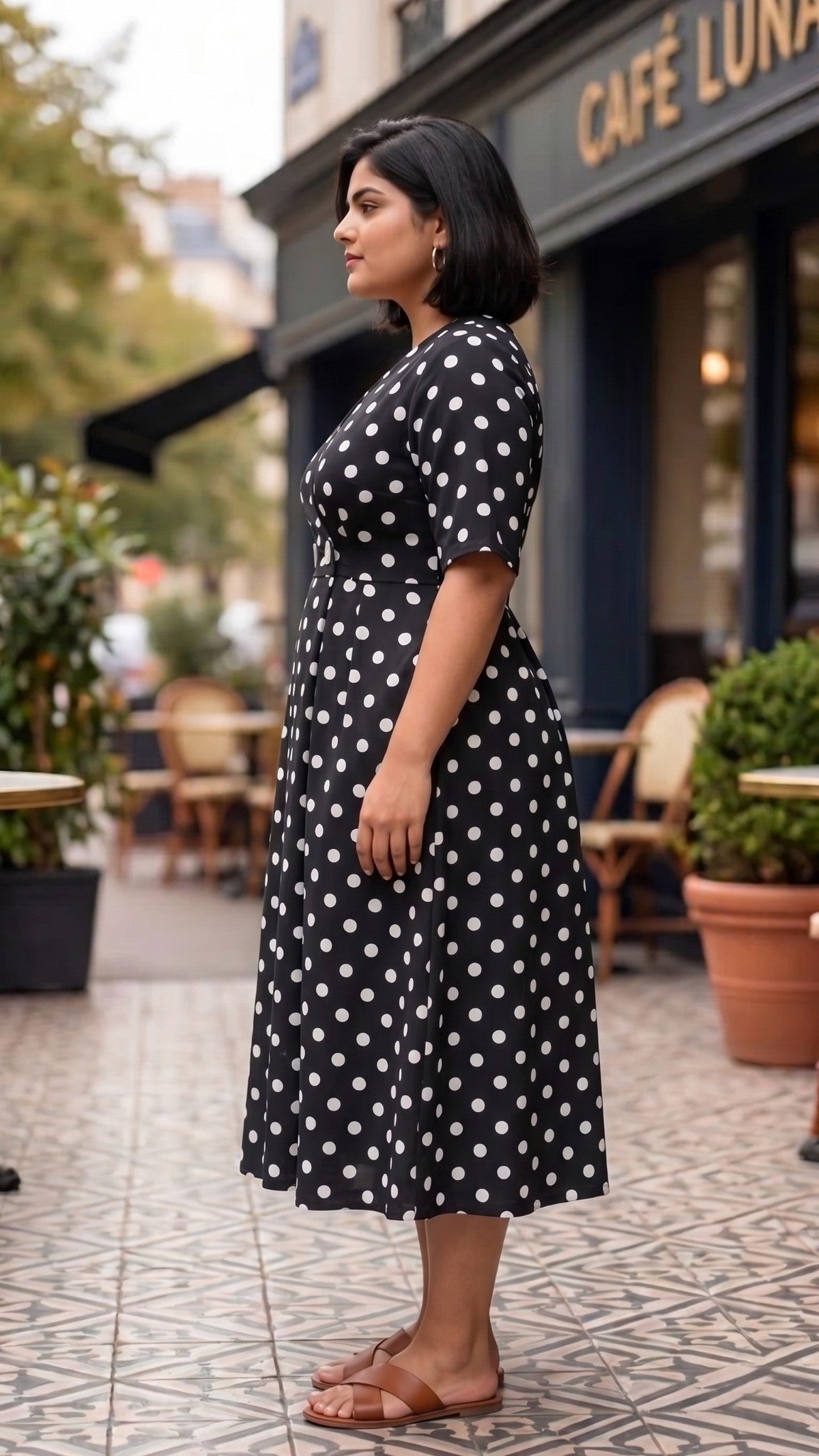Plus Size Black Polka Dot Rayon Dress – Elegant Wrap Style Midi Dress for Women