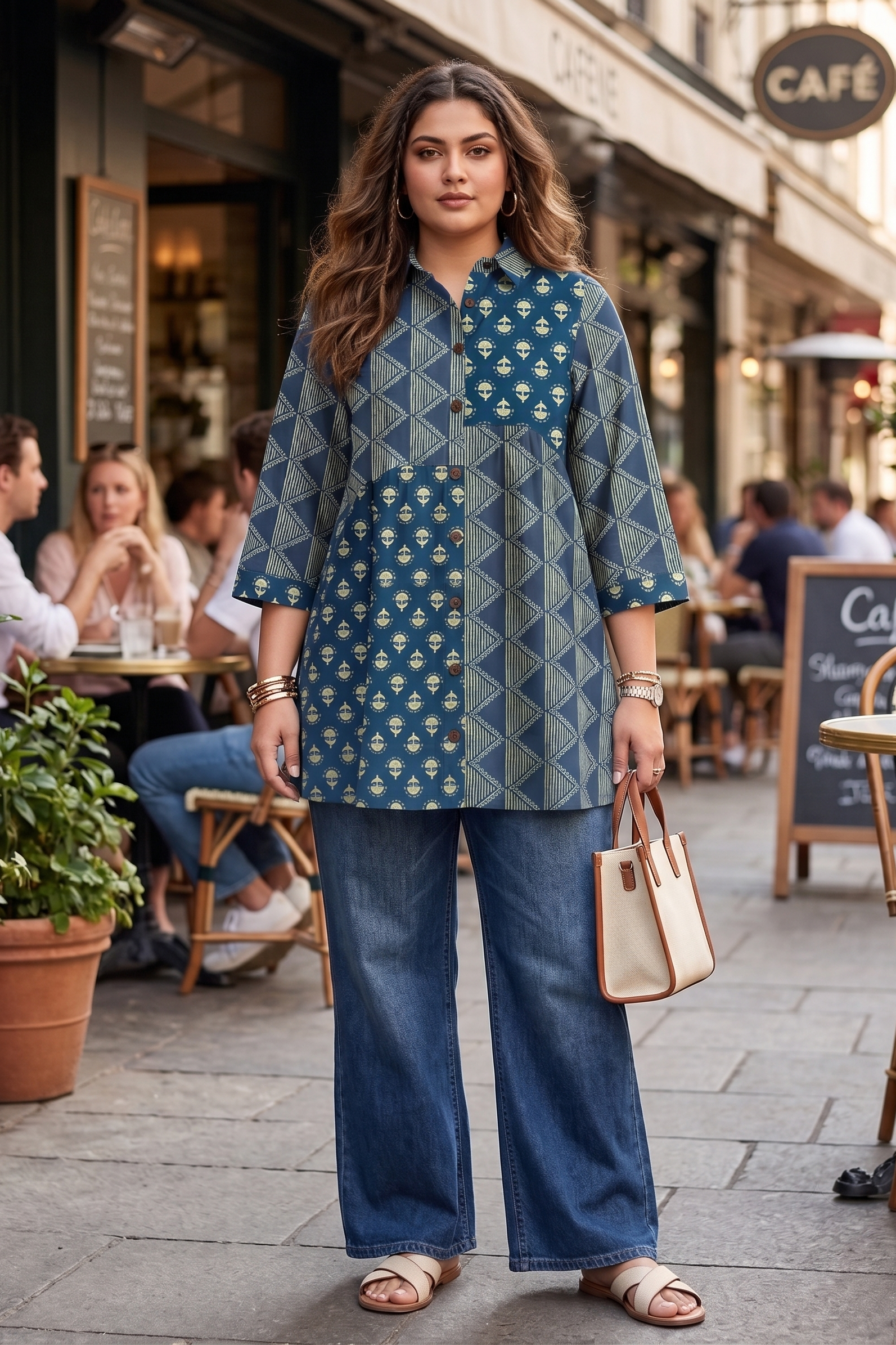 Plus Size Blue Printed Cotton Shirt for Women | Collared Button-Down Casual Shirt