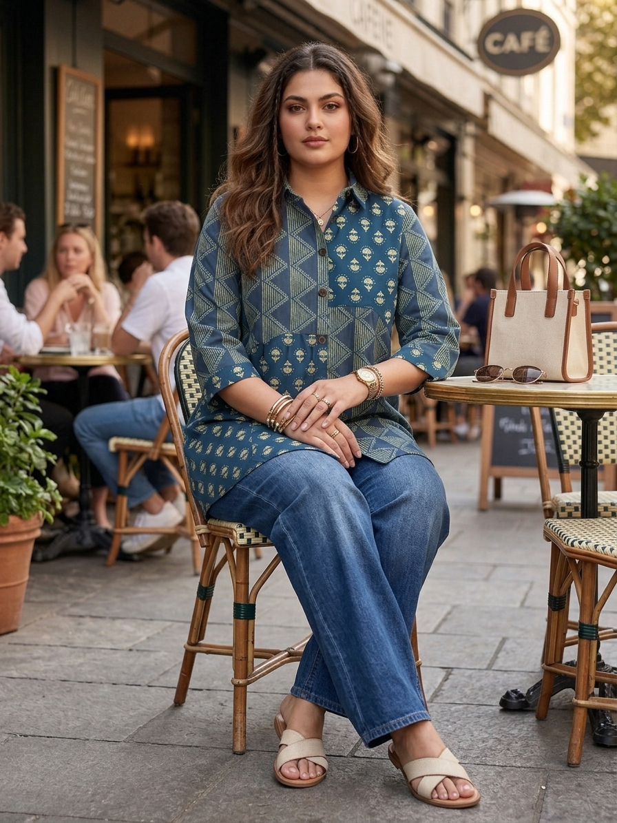 Plus Size Blue Printed Cotton Shirt for Women | Collared Button-Down Casual Shirt