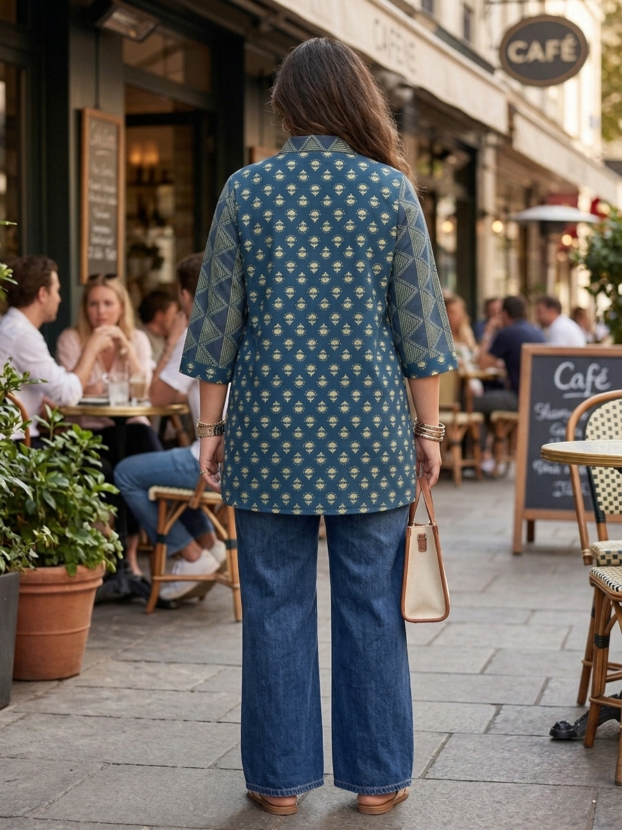 Plus Size Blue Printed Cotton Shirt for Women | Collared Button-Down Casual Shirt