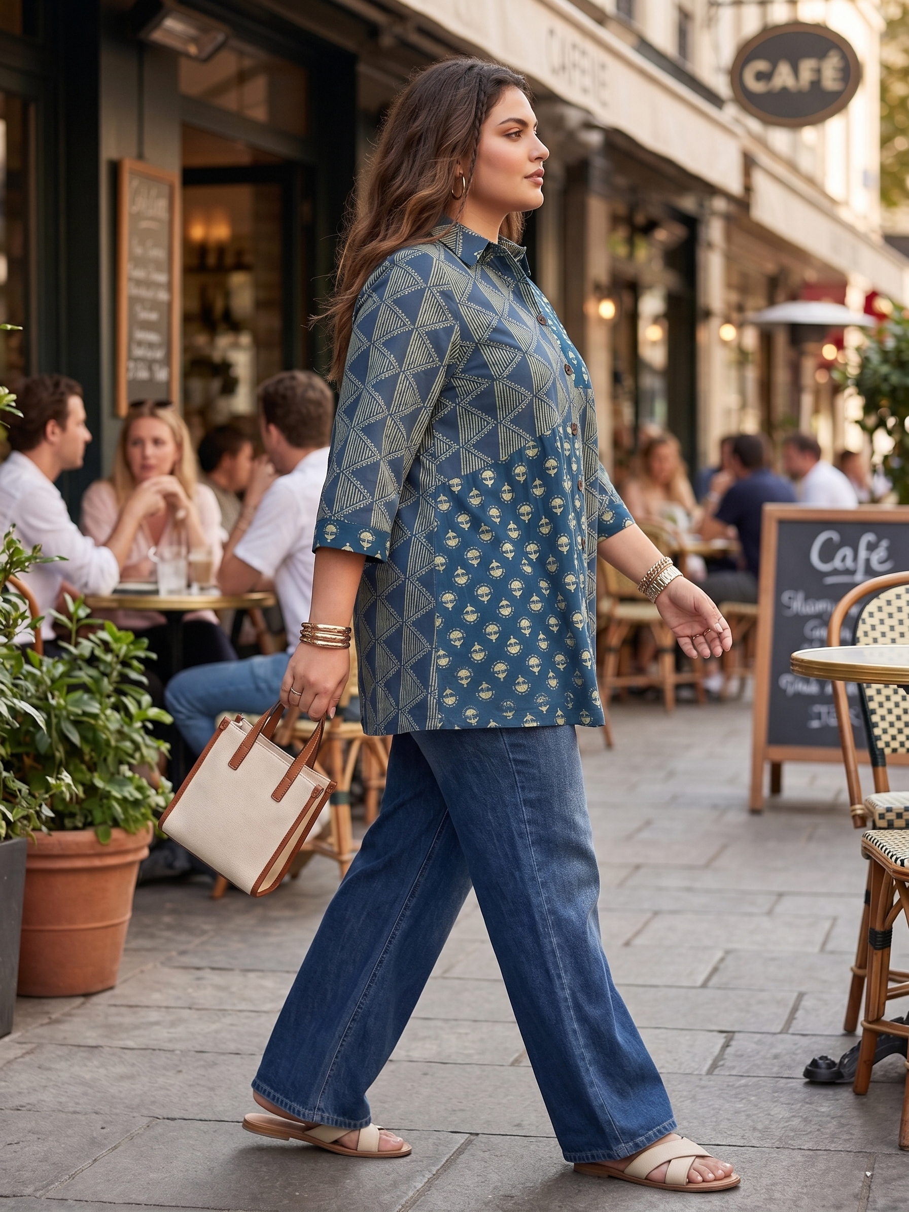 Plus Size Blue Printed Cotton Shirt for Women | Collared Button-Down Casual Shirt