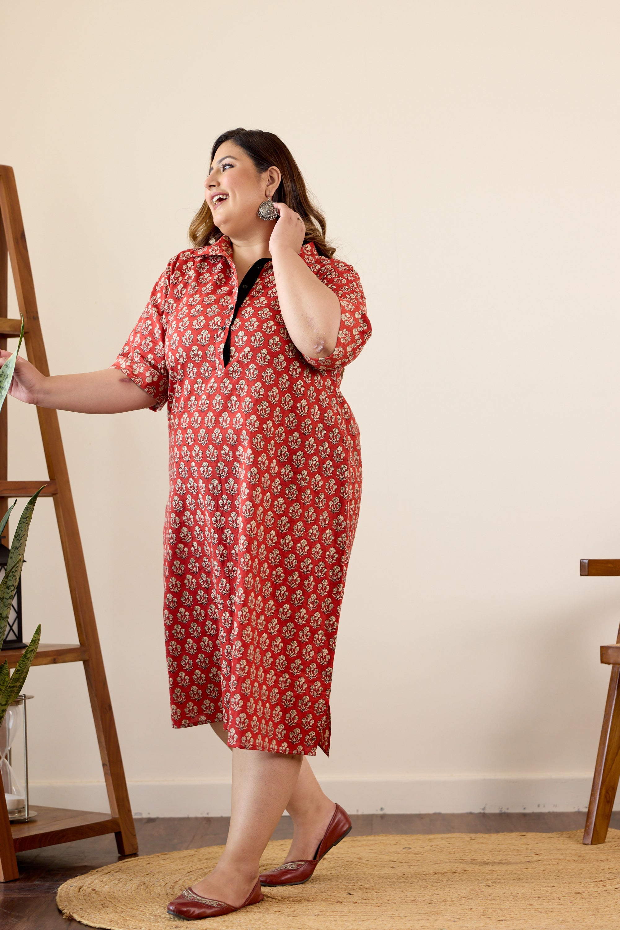 Regular Red Bagru Print Collared Button Down Dress