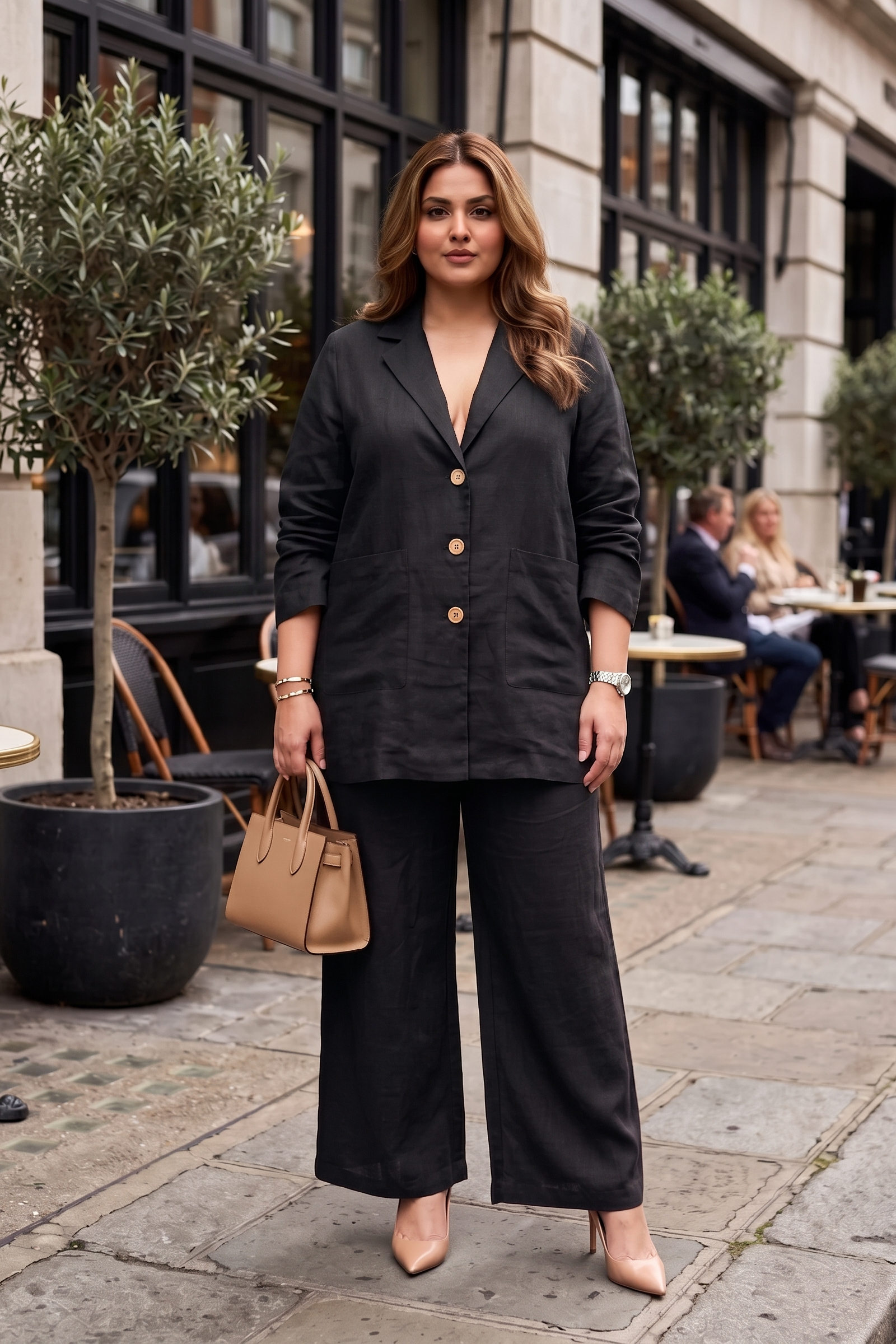Plus Size Black Cotton Co-ord Set for Women | Tailored Shirt & Wide-Leg Pants