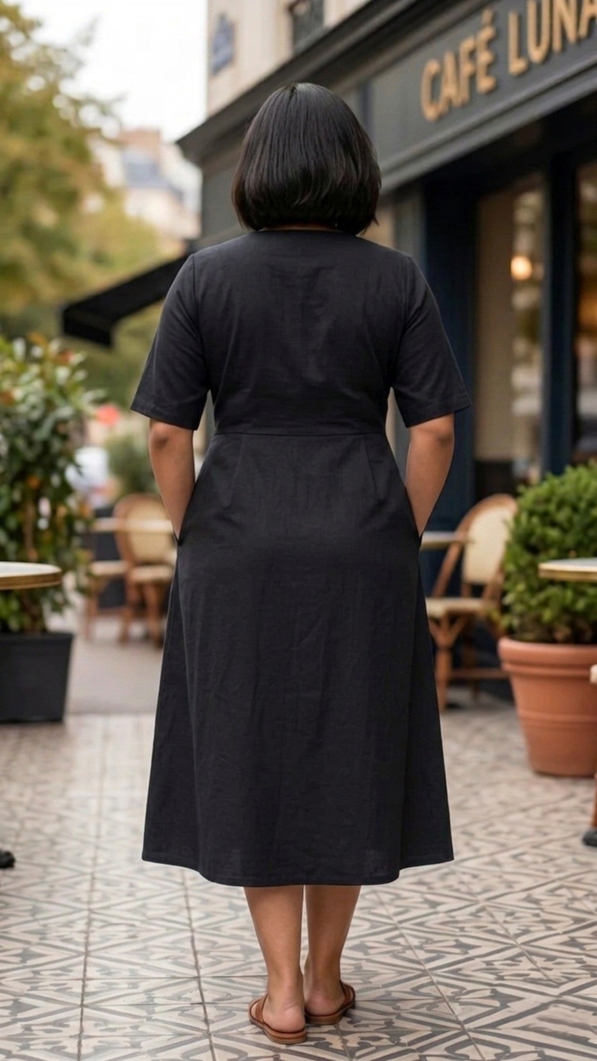 Plus Size Black Cotton Wrap Dress – Elegant A-Line Midi Dress for Women