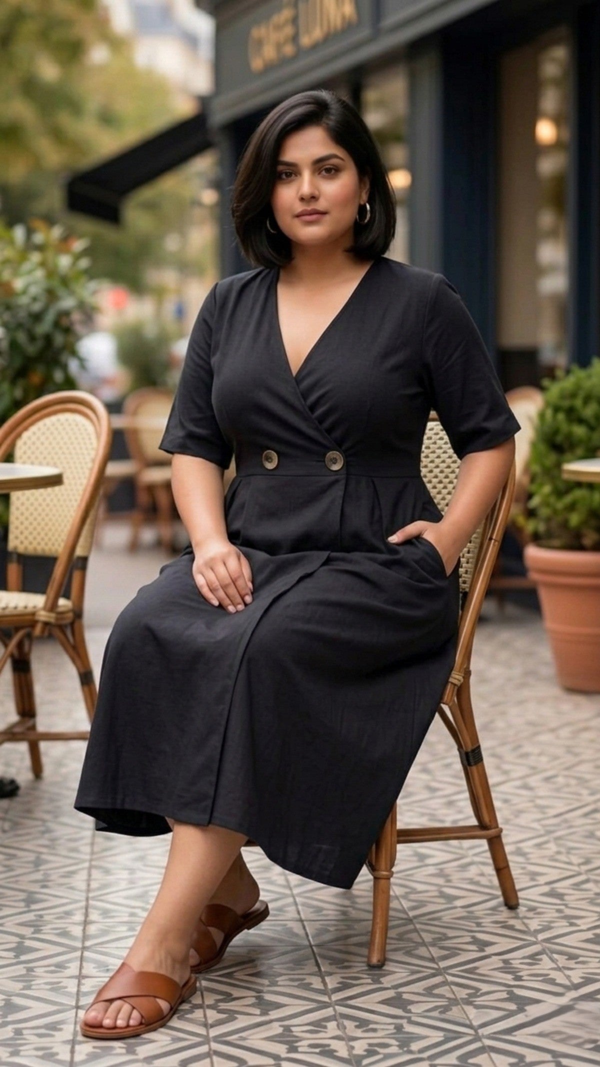 Plus Size Black Cotton Wrap Dress – Elegant A-Line Midi Dress for Women