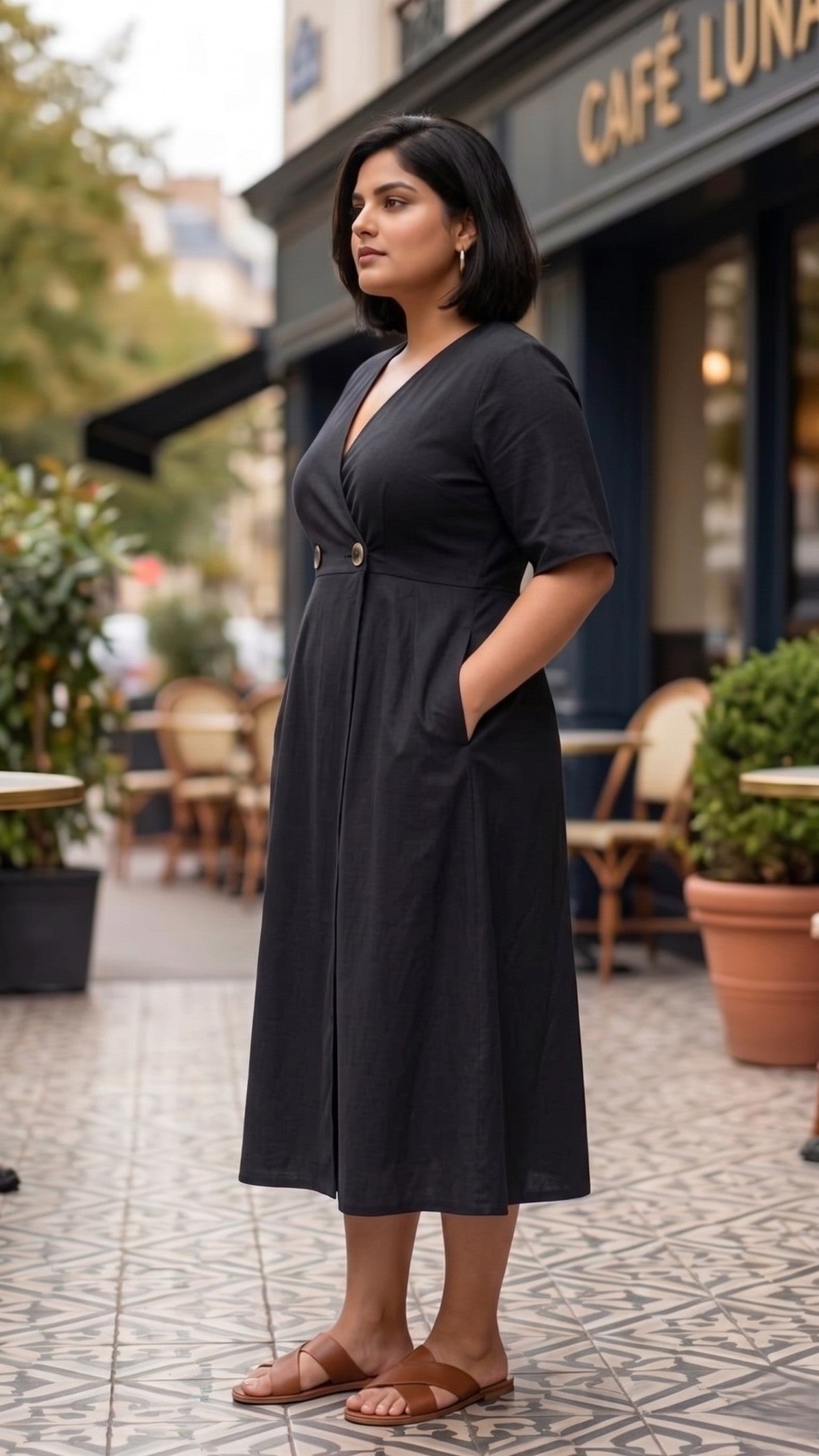 Plus Size Black Cotton Wrap Dress – Elegant A-Line Midi Dress for Women