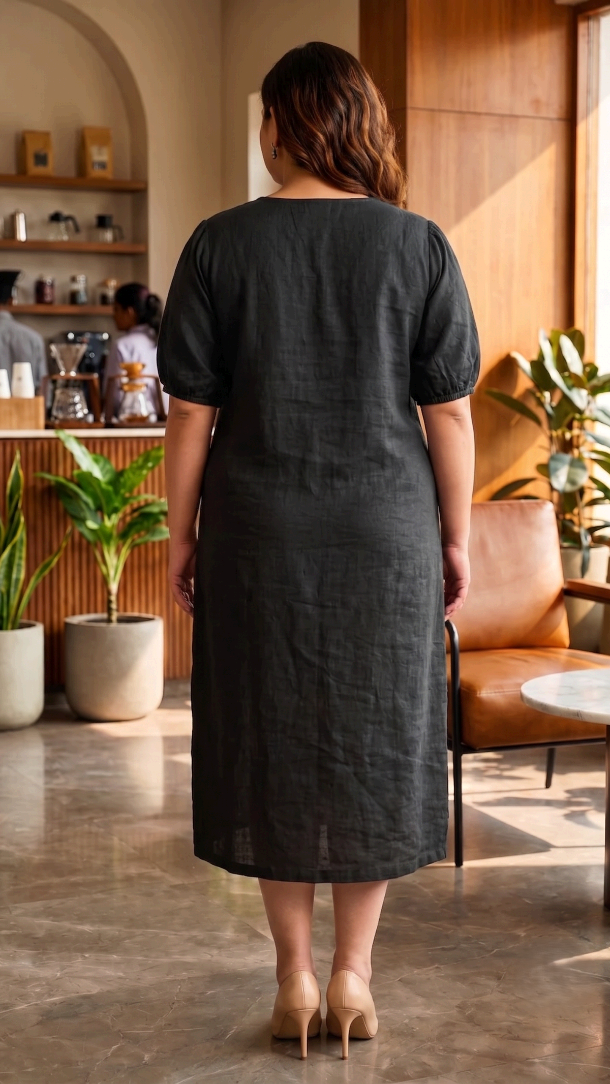 Plus Size Solid Black Cotton Linen Midi Dress for Women | Round Neck Puff Sleeve Dress