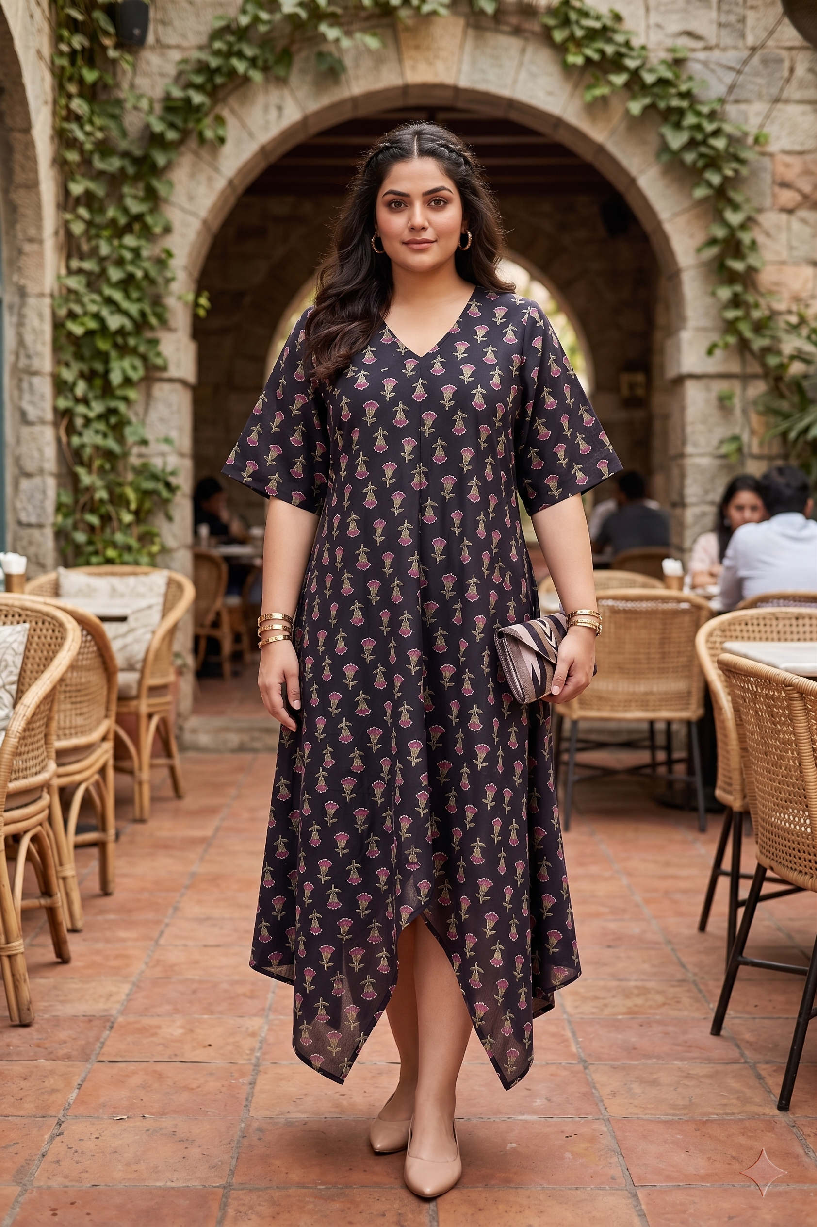 Plus Size Black Floral Printed Cotton Asymmetric Midi Dress for Women | V-Neck Casual A-Line Dress